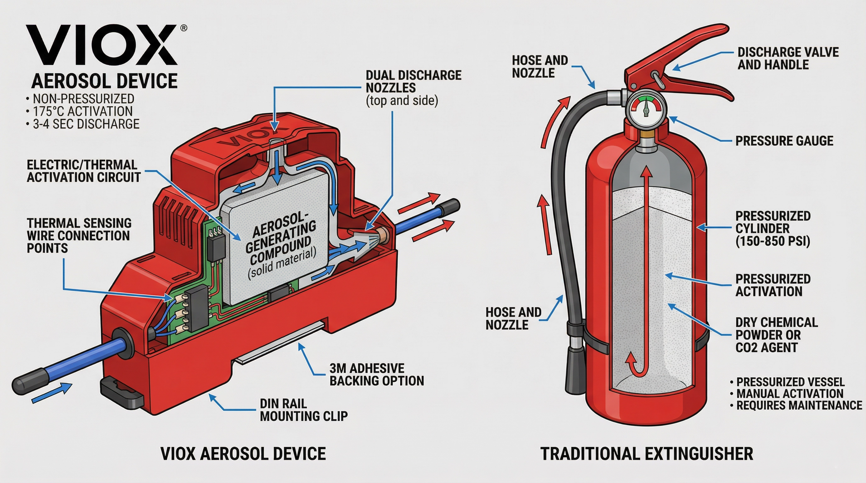 Schema tecnico sezionato che confronta i meccanismi interni del dispositivo di estinzione incendi ad aerosol VIOX rispetto all'estintore tradizionale, che mostra i componenti etichettati tra cui il composto generatore di aerosol, il circuito di attivazione termica e gli ugelli di scarico a sinistra, in contrasto con il cilindro pressurizzato, il sistema di valvole e il funzionamento manuale a destra