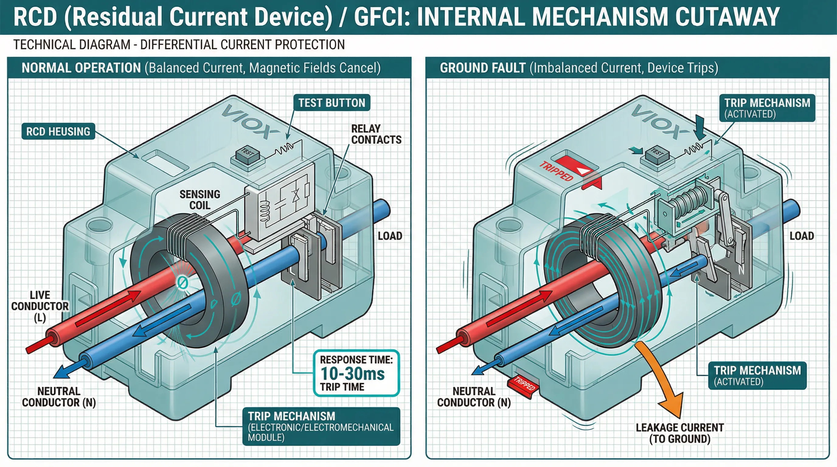 ແຜນວາດຕັດດ້ານວິຊາການຂອງກົນໄກພາຍໃນຂອງ RCD (ອຸປະກອນກະແສໄຟຟ້າທີ່ເຫຼືອ) ທີ່ສະແດງໃຫ້ເຫັນເຖິງໝໍ້ແປງກະແສໄຟຟ້າທີ່ແຕກຕ່າງກັນ, ສາຍກວດຈັບ, ແລະ ກົນໄກການຕັດວົງຈອນທີ່ມີການເຮັດວຽກປົກກະຕິທຽບກັບສະຖານະການກະແສໄຟຟ້າຜິດປົກກະຕິ, ມີຍີ່ຫໍ້ VIOX ແລະ ເສັ້ນທາງການໄຫຼຂອງກະແສໄຟຟ້າທີ່ມີລະຫັດສີທີ່ສະແດງໃຫ້ເຫັນເຖິງເວລາຕອບສະໜອງ 10-30ms