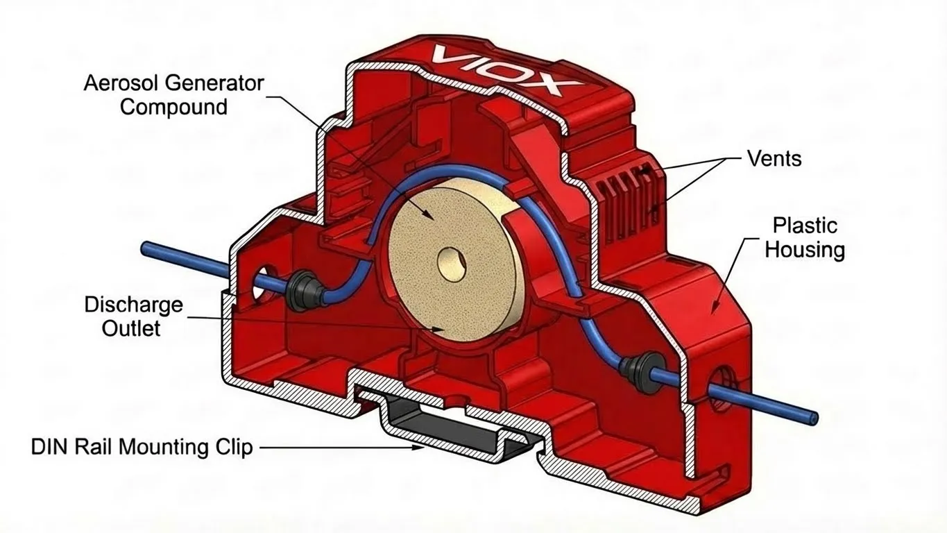 Diagramma tecnico sezionato dell'estintore aerosolico VIOX che mostra il generatore di aerosol interno, il meccanismo di attivazione termica, l'uscita di scarico e la clip di montaggio su guida DIN con componenti etichettati