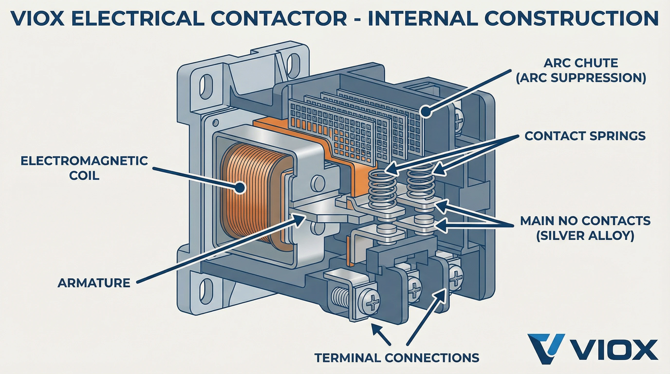 Techniczny schemat przekroju stycznika VIOX pokazujący wewnętrzną komorę łukową, cewkę elektromagnetyczną i styki ze stopu srebra do przełączania wysokiego prądu