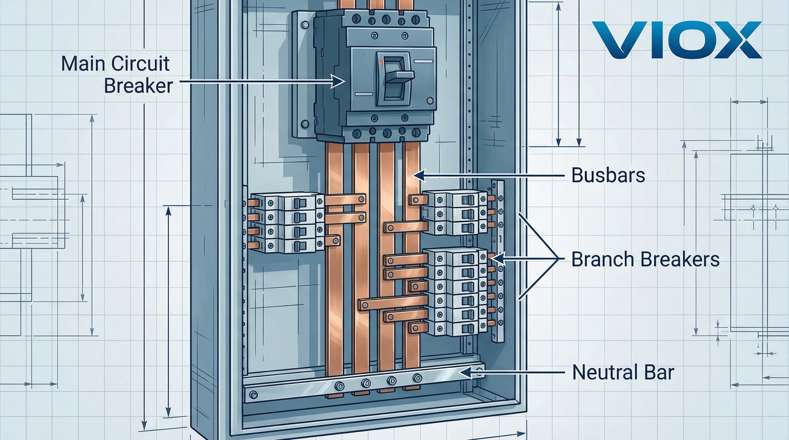 Techniczny schemat przekroju rozdzielnicy z wyłącznikiem głównym VIOX MCB pokazujący wewnętrzne komponenty, w tym wyłącznik główny, miedziane szyny zbiorcze, wyłączniki odgałęzione i szynę neutralną z adnotacjami inżynierskimi