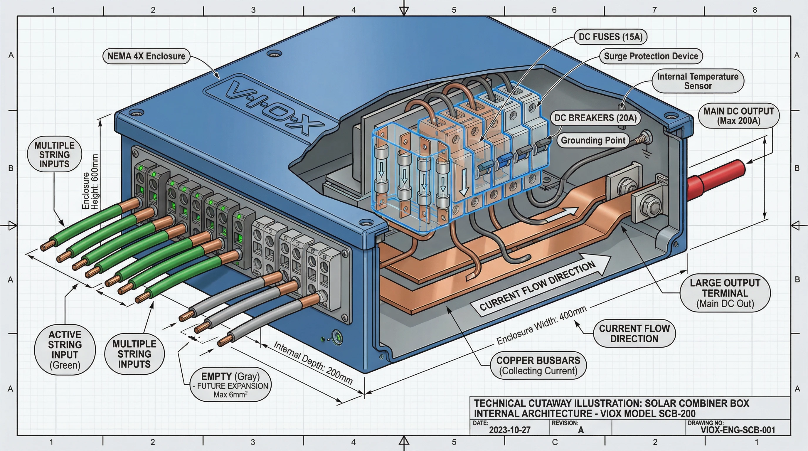 Techniczny schemat przekroju skrzynki sumatora słonecznego VIOX pokazujący architekturę wewnętrzną z zaciskami wejściowymi stringów, bezpiecznikami, szynami zbiorczymi i przyszłymi pozycjami rozbudowy dla skalowalnych instalacji fotowoltaicznych