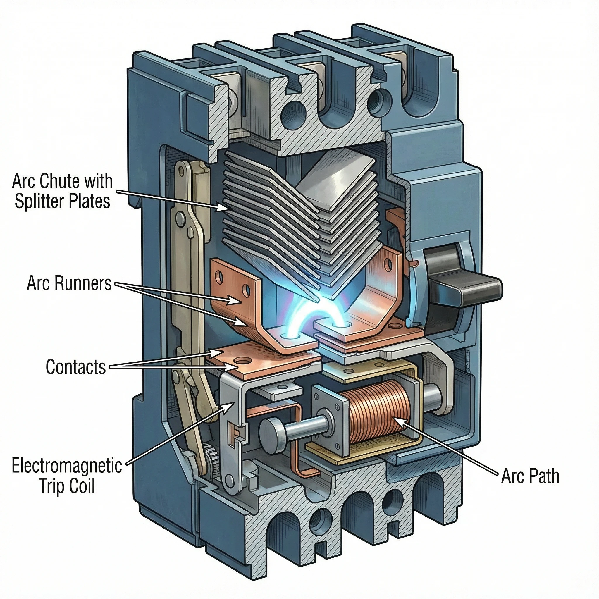 Technical cutaway illustration of current-limiting circuit breaker internal mechanism