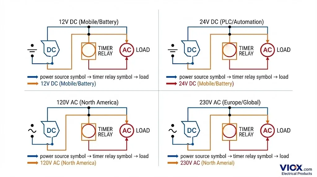Technical diagram comparing 12V, 24V, 120V, and 230V timer relay system schematics with annotations showing key characteristics for each voltage type