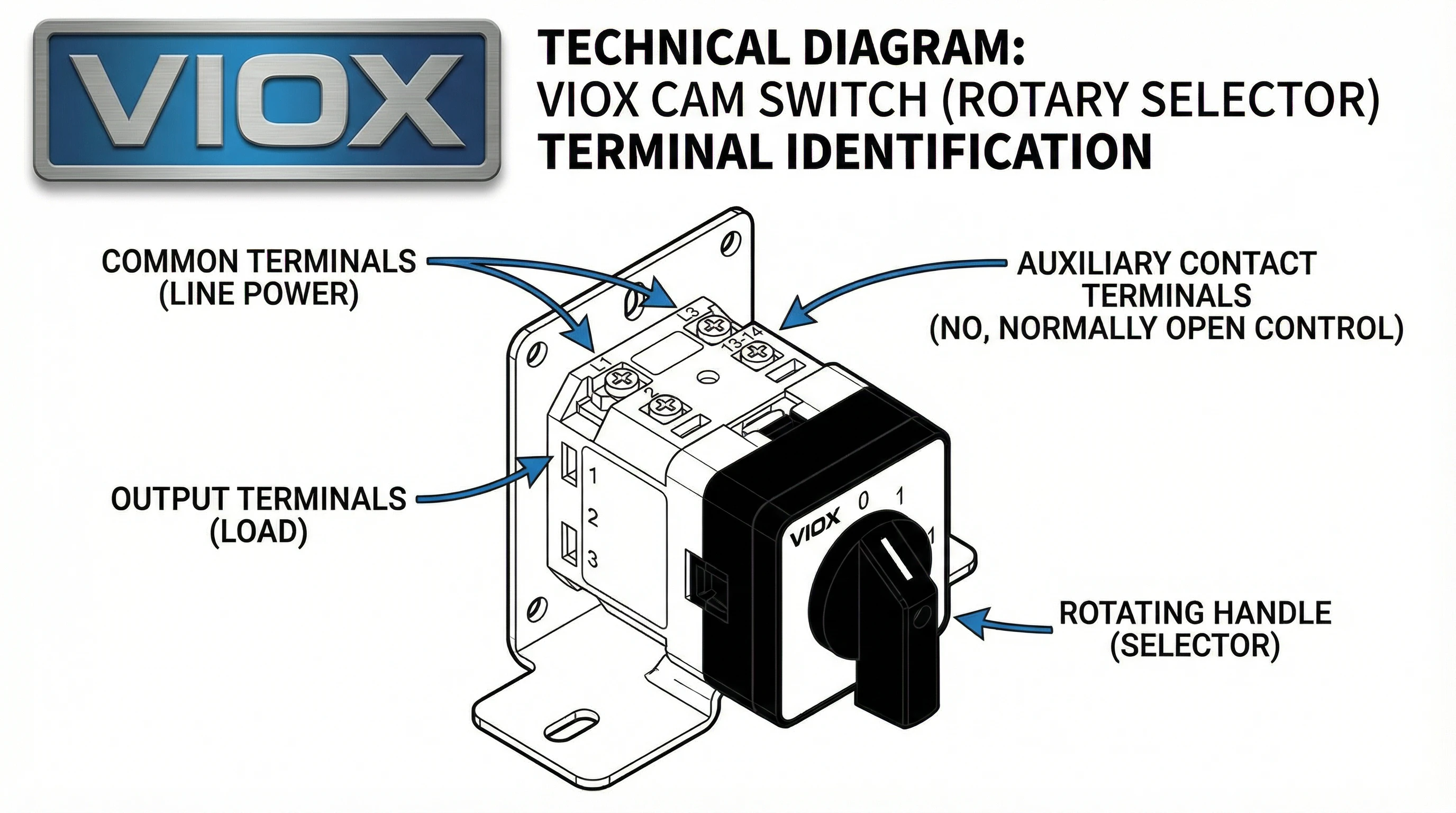 Diagramma tecnico del commutatore a camme VIOX che mostra l'identificazione dei terminali annotata