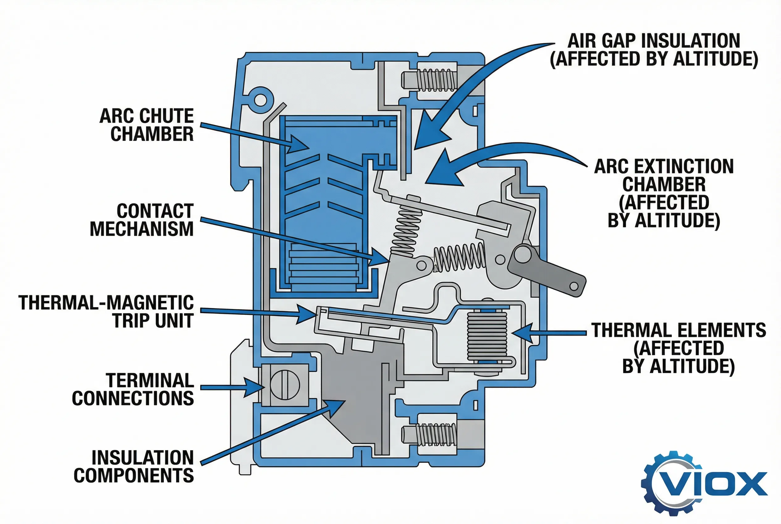 ຕາຕະລາງດ້ານວິຊາການສະແດງໃຫ້ເຫັນອົງປະກອບພາຍໃນຂອງ VIOX circuit breaker ທີ່ໄດ້ຮັບຜົນກະທົບຈາກລະດັບຄວາມສູງ