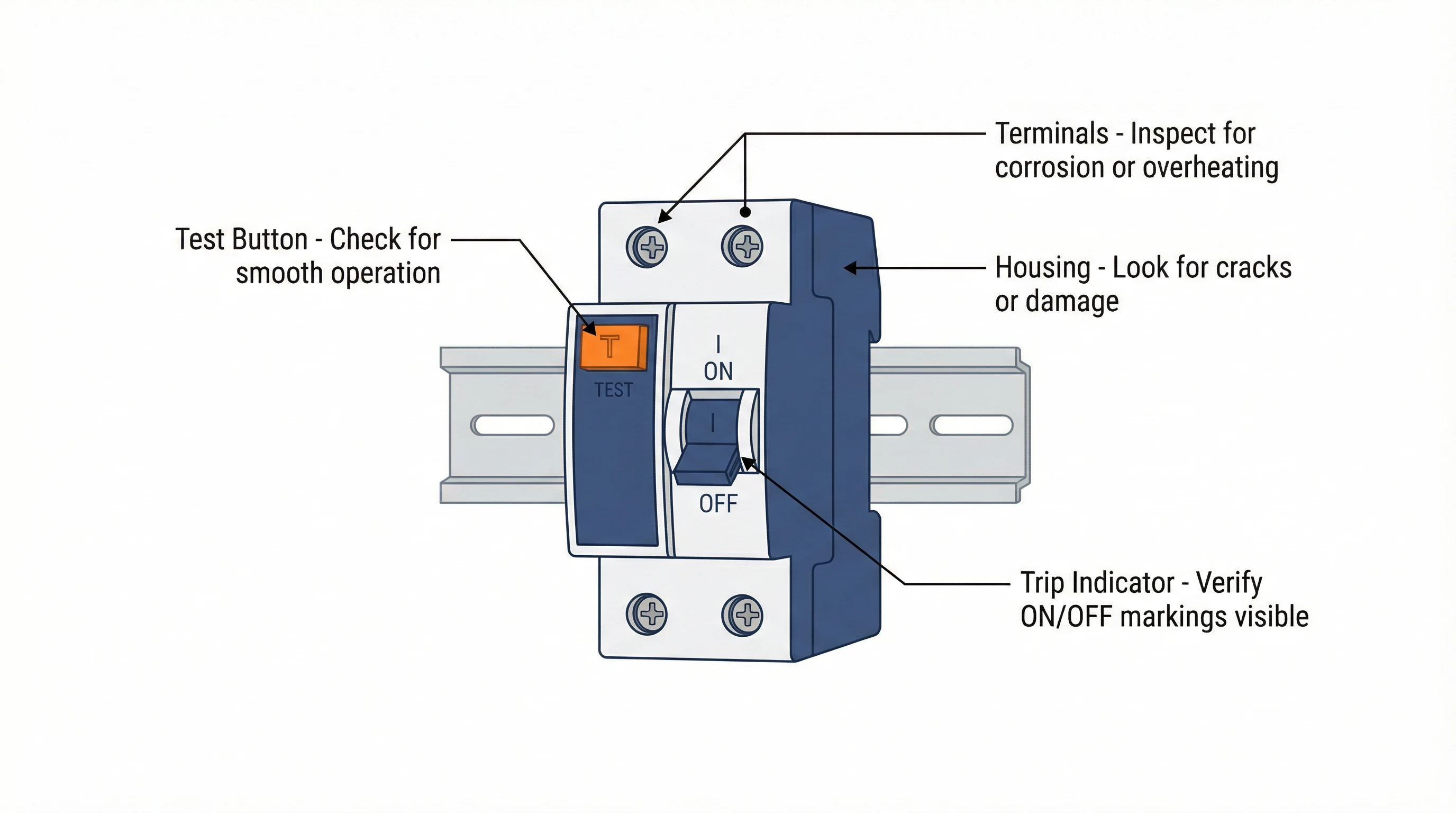 مخطط فني يوضح نقاط التفتيش البصري لـ RCCB