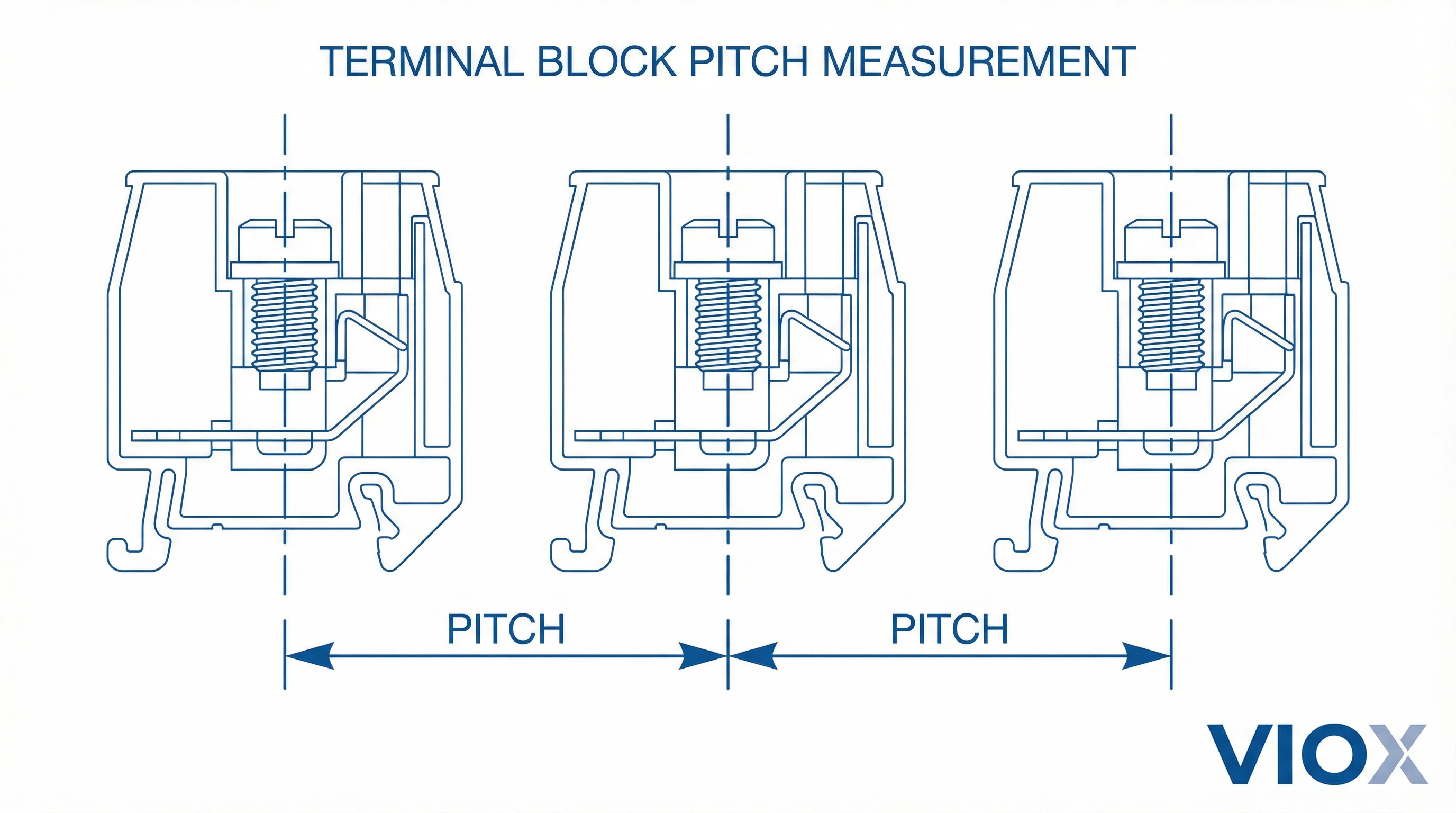 Diagrama técnico mostrando a medição do passo do bloco de terminais