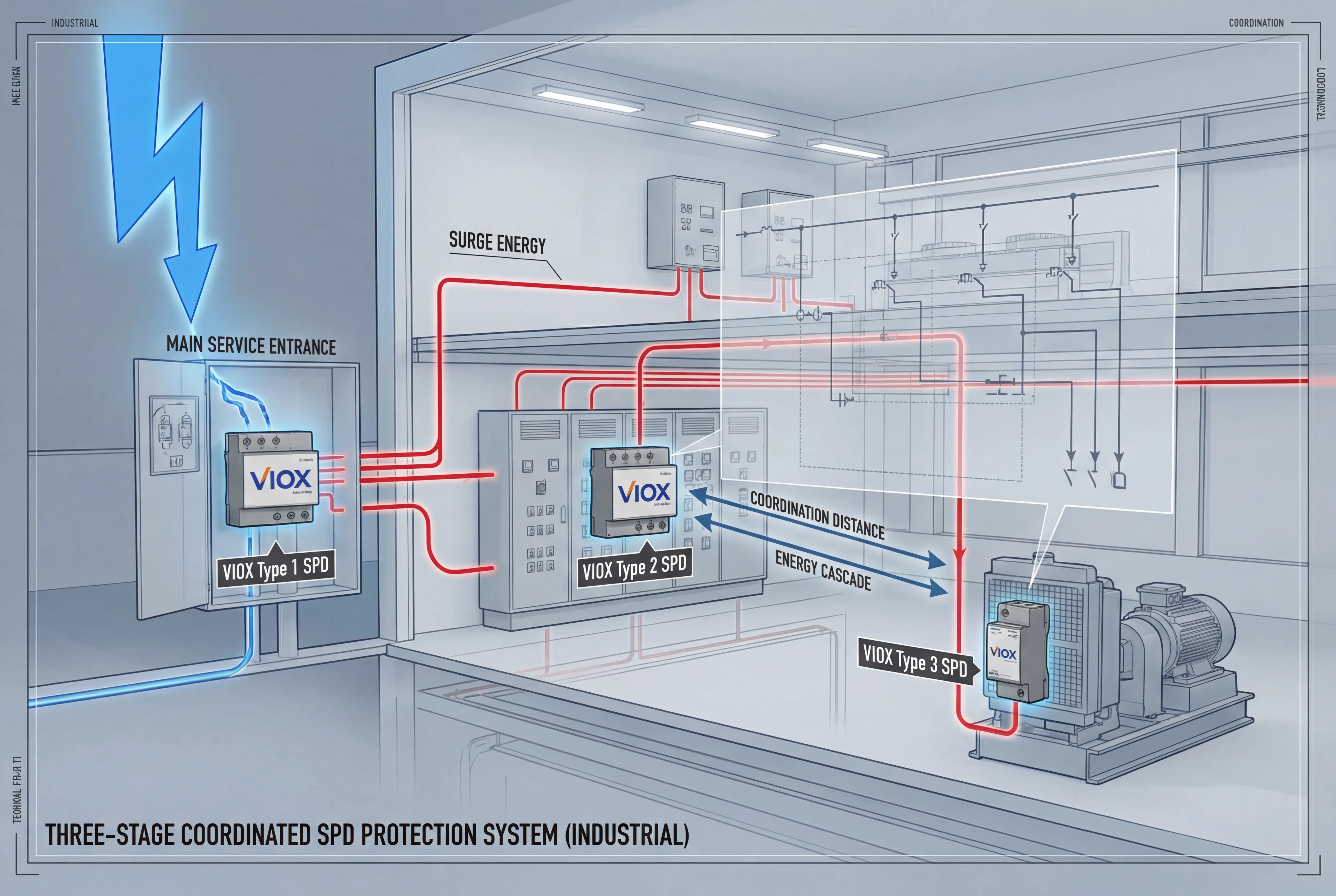 Τεχνικό διάγραμμα που δείχνει ένα τριών σταδίων συντονισμένο σύστημα προστασίας SPD με συσκευές VIOX Type 1, Type 2 και Type 3 σε βιομηχανική εγκατάσταση