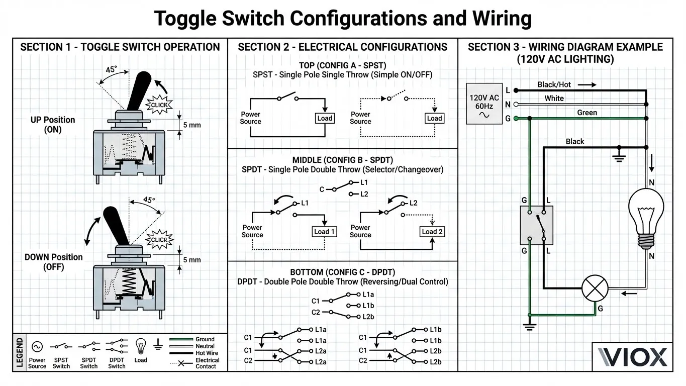 Toggle anahtarının çalışmasını, kablolama konfigürasyonlarını (SPST, SPDT, DPDT) ve kablolama örneğini gösteren teknik diyagram