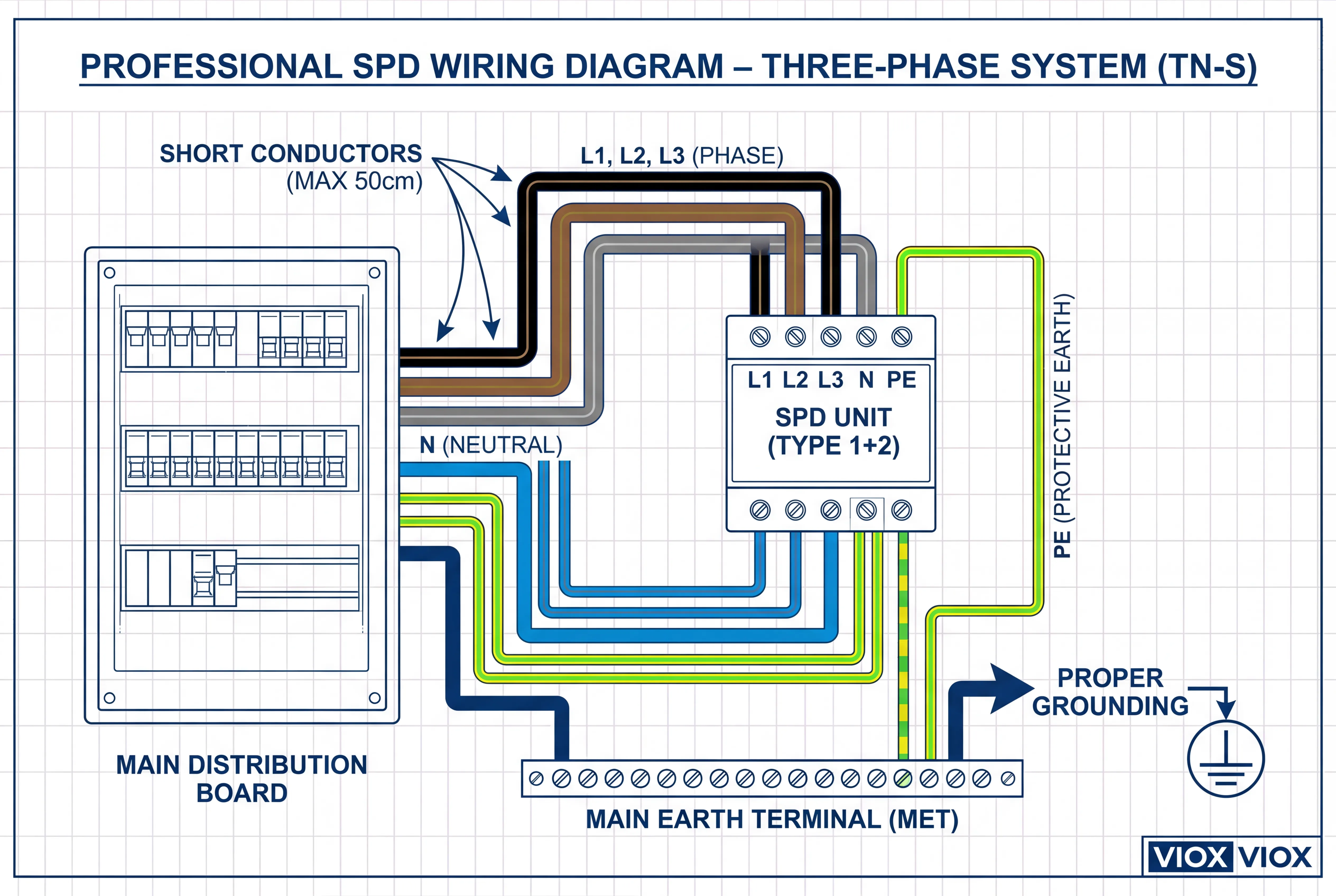 Technický diagram znázorňující konfiguraci zapojení SPD VIOX a pokyny pro délku vodiče