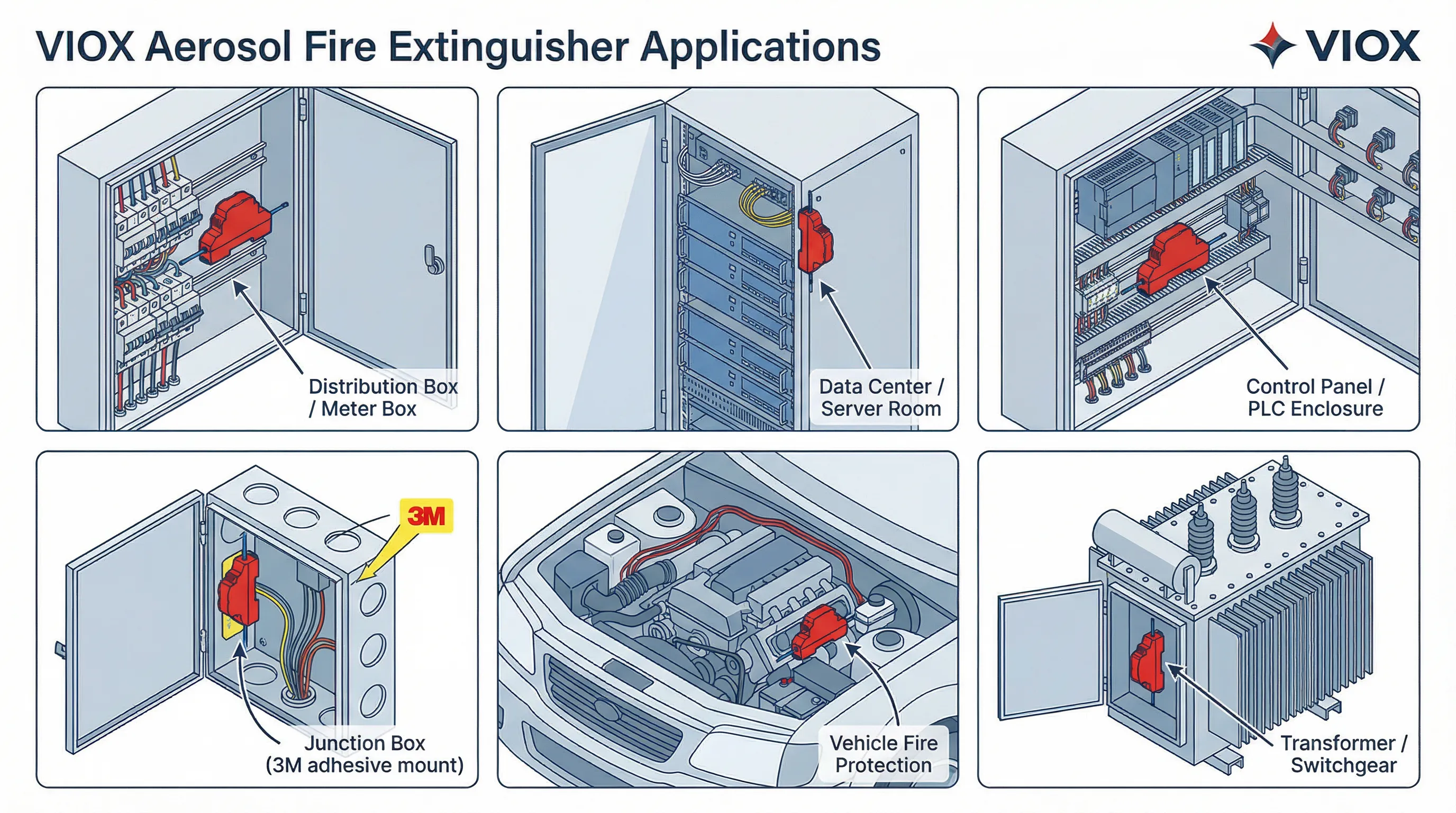 Illustrazione tecnica che mostra gli scenari di applicazione degli estintori ad aerosol VIOX in sei diversi contesti, tra cui armadi di distribuzione elettrica con montaggio su guida DIN, sale server, pannelli di controllo, alloggiamenti a parete con installazione adesiva 3M, vani motore di veicoli e alloggiamenti di trasformatori, con etichette annotate e marchio VIOX