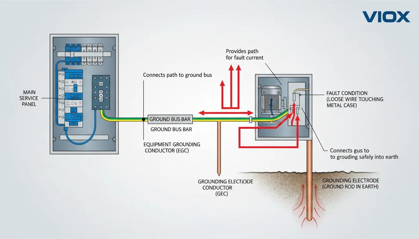 ແຜນວາດ schematic ດ້ານວິຊາການທີ່ສະແດງໃຫ້ເຫັນເຖິງການເຮັດວຽກຂອງລະບົບການຕໍ່ສາຍດິນໃນການຕິດຕັ້ງໄຟຟ້າອຸດສາຫະກຳ, ສະແດງໃຫ້ເຫັນເສັ້ນທາງກະແສໄຟຟ້າຜິດປົກກະຕິຈາກຕູ້ອຸປະກອນຜ່ານຕົວນຳການຕໍ່ສາຍດິນໄປຫາ electrode ດິນທີ່ມີໂລໂກ້ VIOX, ພາກສ່ວນຕັດຂວາງດ້ານການສຶກສາທີ່ມີສ່ວນປະກອບທີ່ມີປ້າຍກຳກັບລວມທັງ EGC, GEC, ແລະ ແຖບລົດເມດິນ