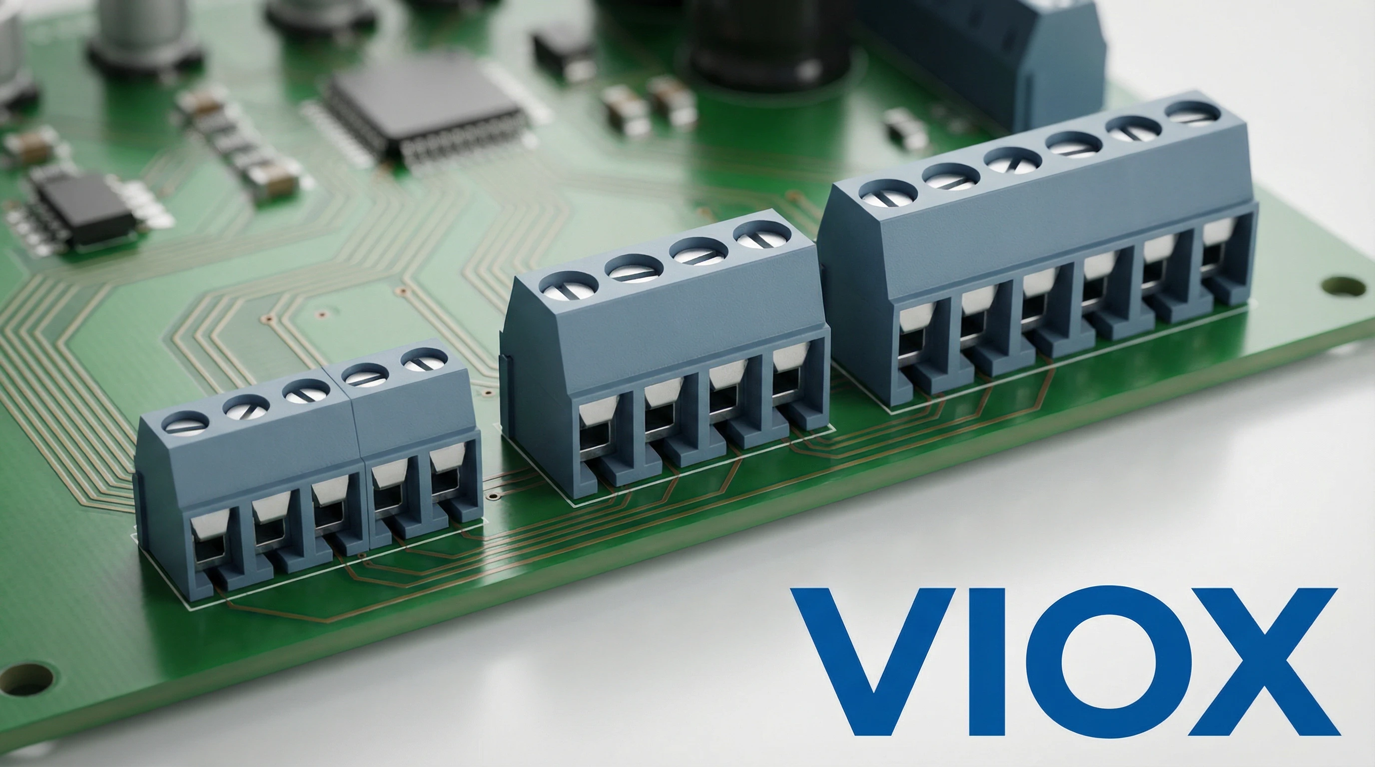 Três blocos de terminais PCB de passo diferentes montados na placa de circuito