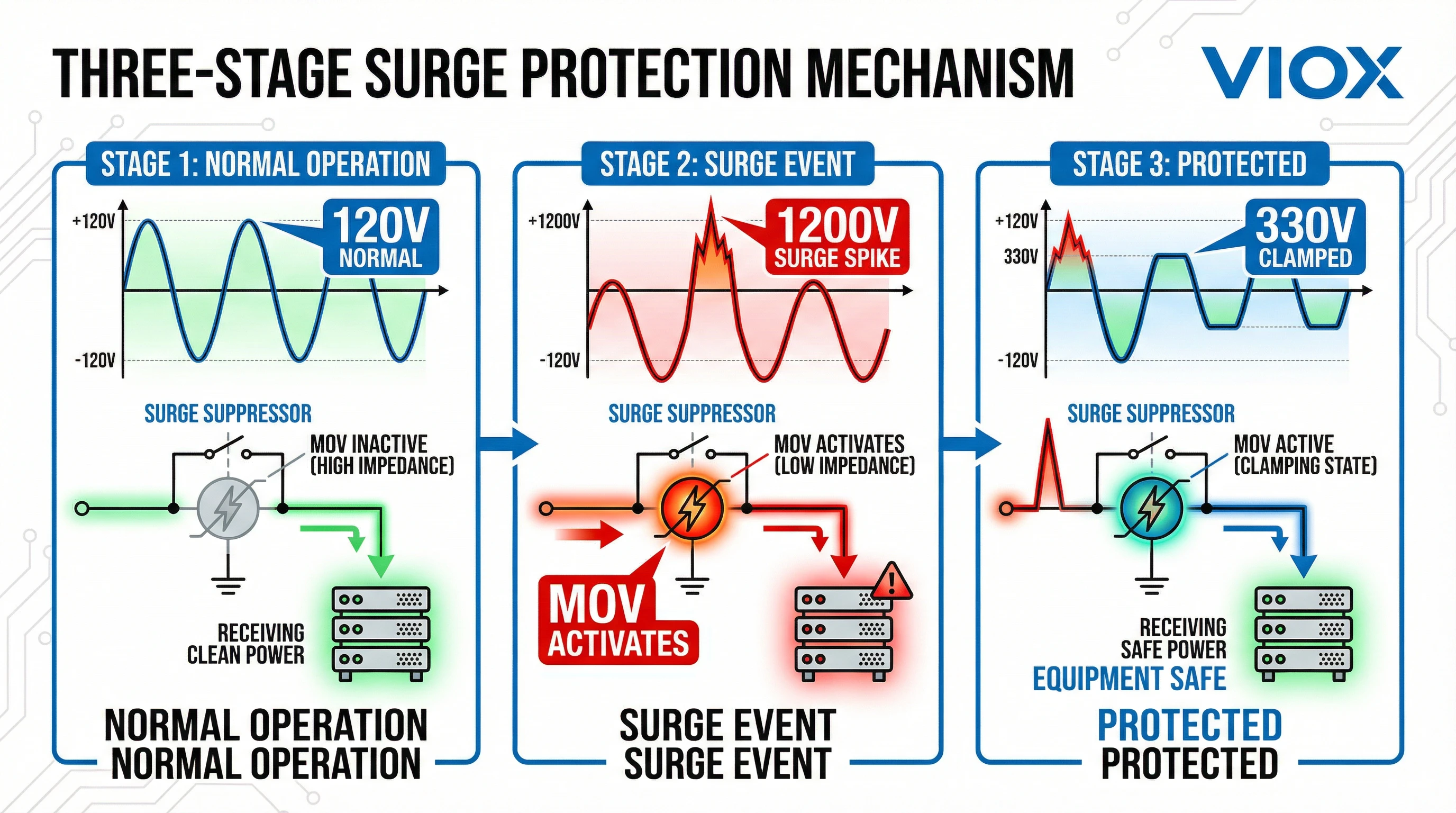 Three-stage surge protection mechanism