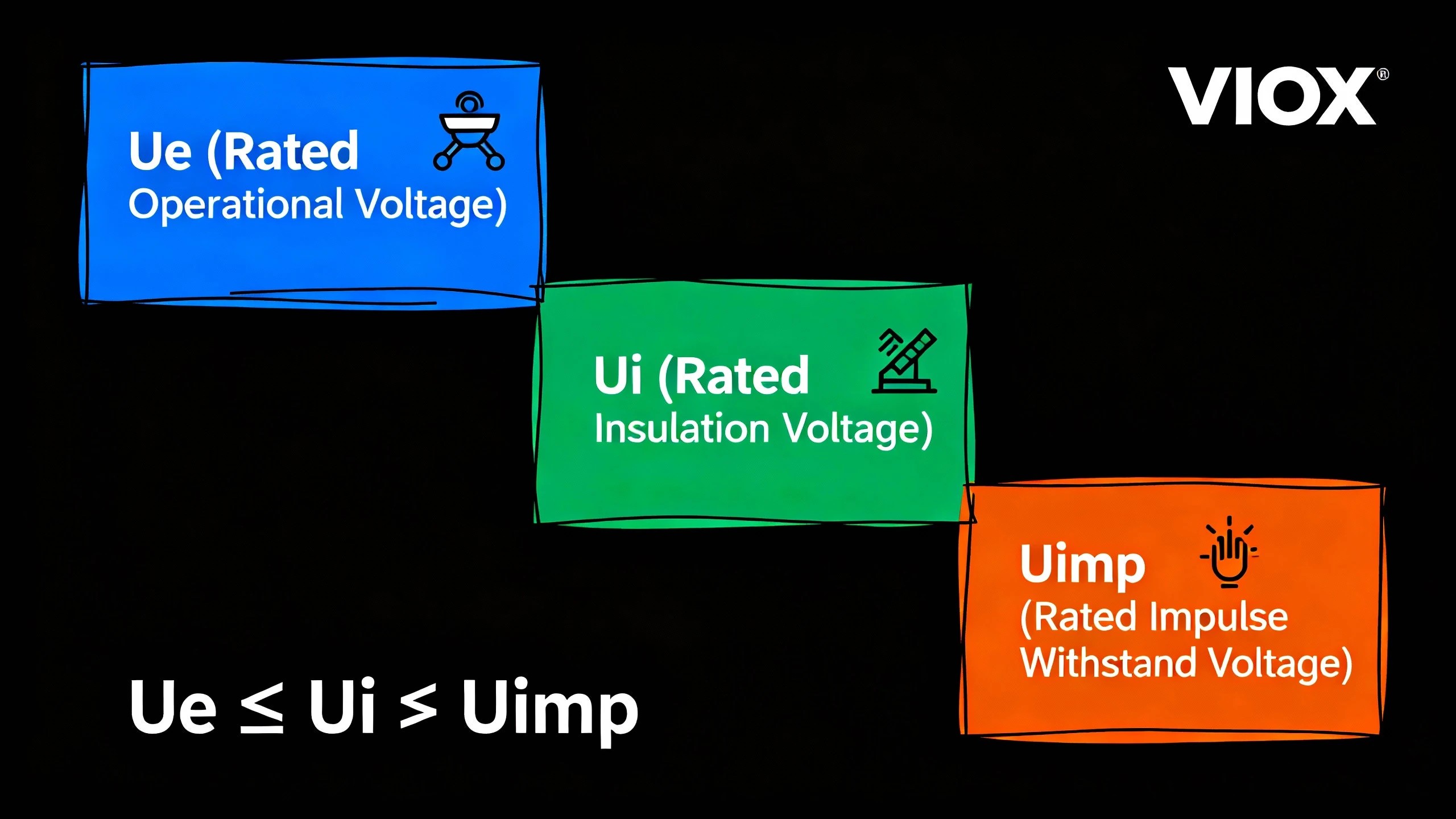مخطط نظرة عامة على ثلاثة تصنيفات للجهد يوضح Ue و Ui و Uimp