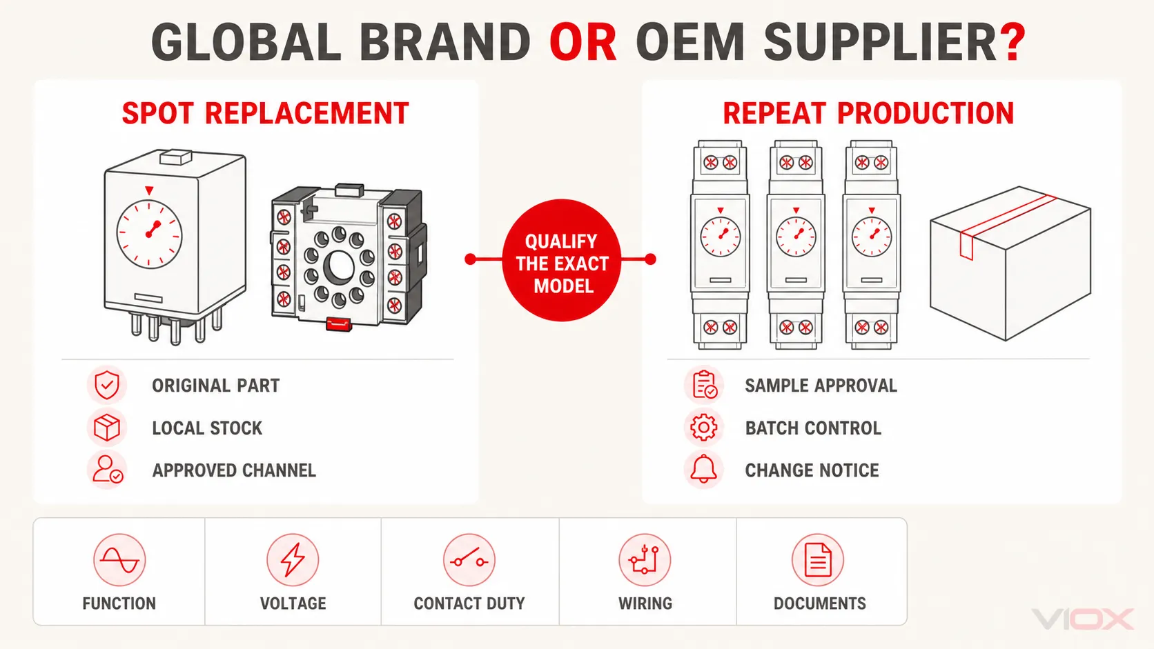 Global time relay brand versus OEM supplier for spot replacement and repeat production