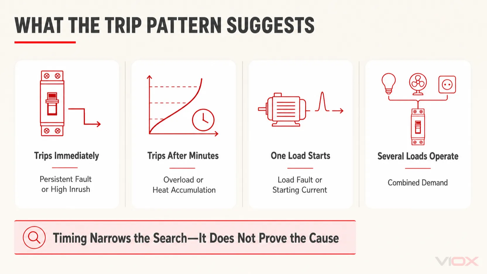 MCB trip patterns suggesting persistent fault, overload, starting current, or combined demand
