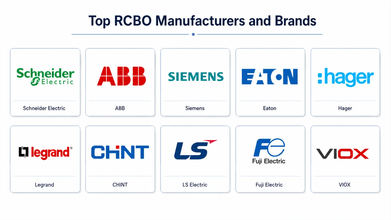 Logos von zehn RCBO-Herstellern und -Marken, dargestellt in einer zweireihigen Vergleichstabelle