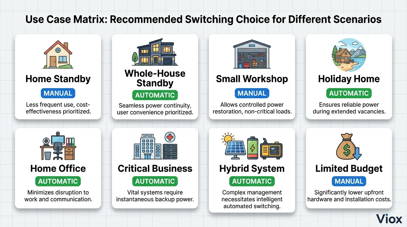 Matriks kasus penggunaan yang menunjukkan sakelar transfer yang direkomendasikan untuk rumah, bisnis, dan pengaturan hibrida