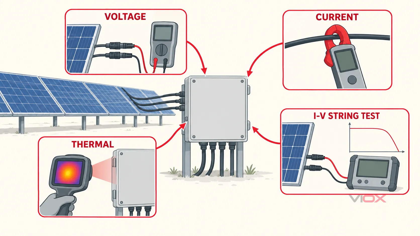Límites de diagnóstico de pruebas de voltaje, corriente, térmicas y de I-V de cadena alrededor de una caja combinadora fotovoltaica
