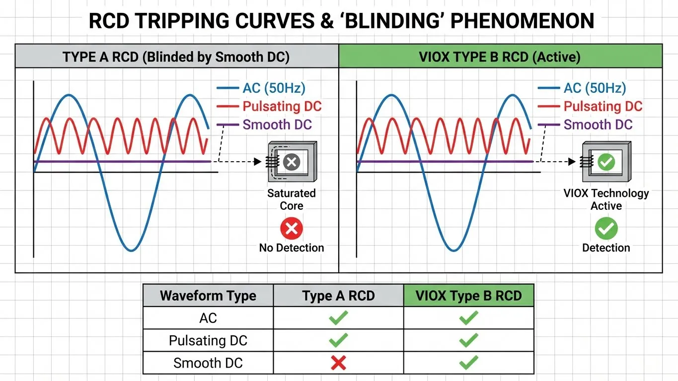 RCD Tripping Curves showing Type A blinded by Smooth DC versus VIOX Type B Active detection