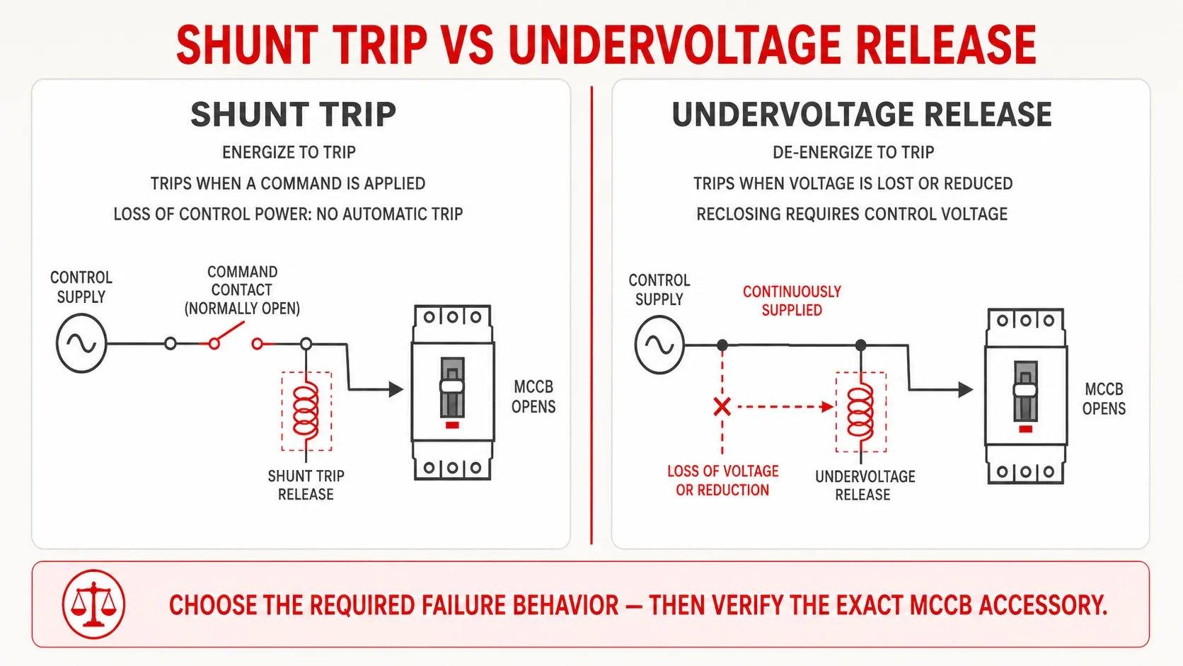 Comparison of MCCB shunt trip and undervoltage release operating behavior