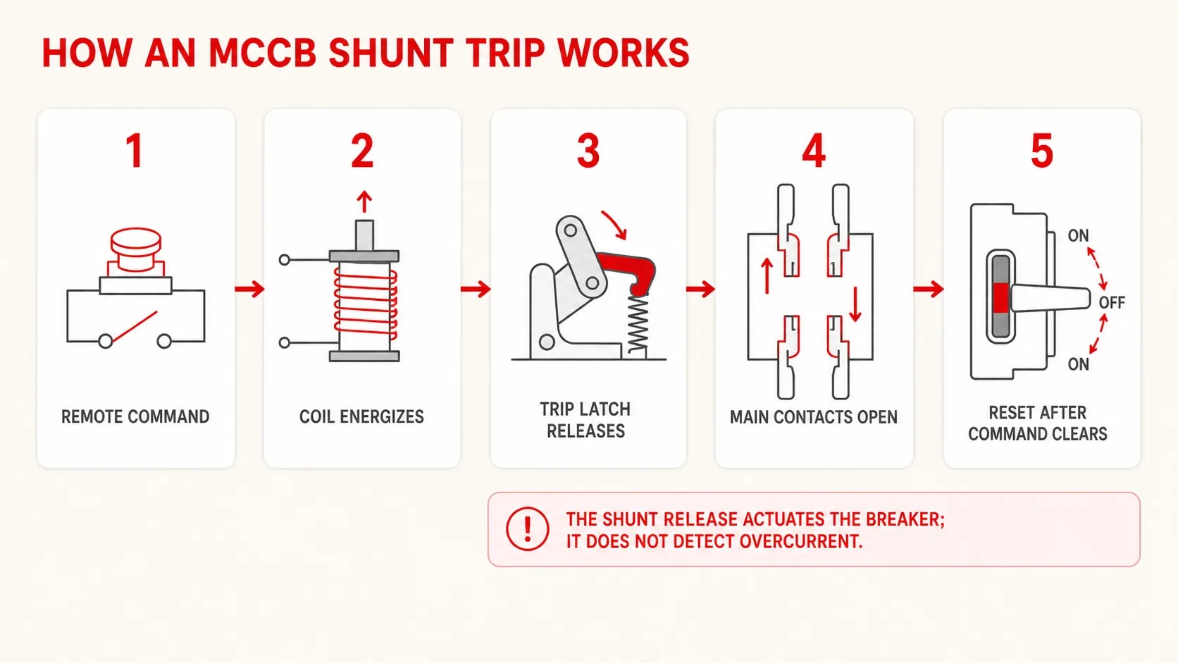 Five-step operating sequence of an MCCB shunt trip coil