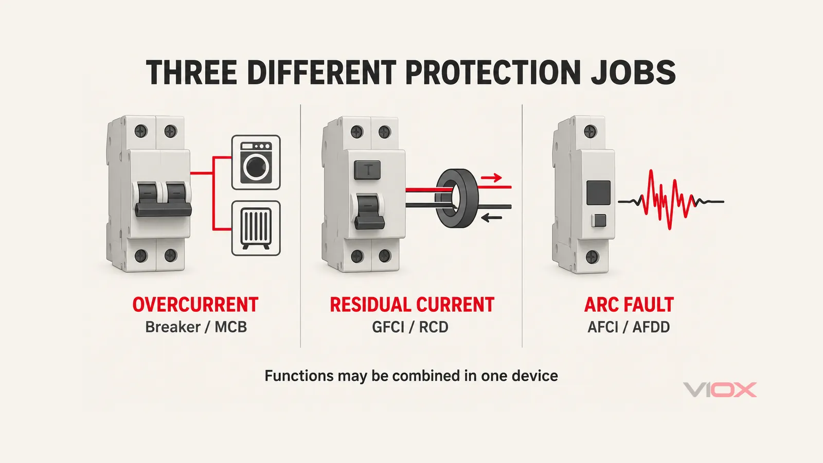 Three separate kitchen circuit protection functions: overcurrent, residual current and arc-fault detection.