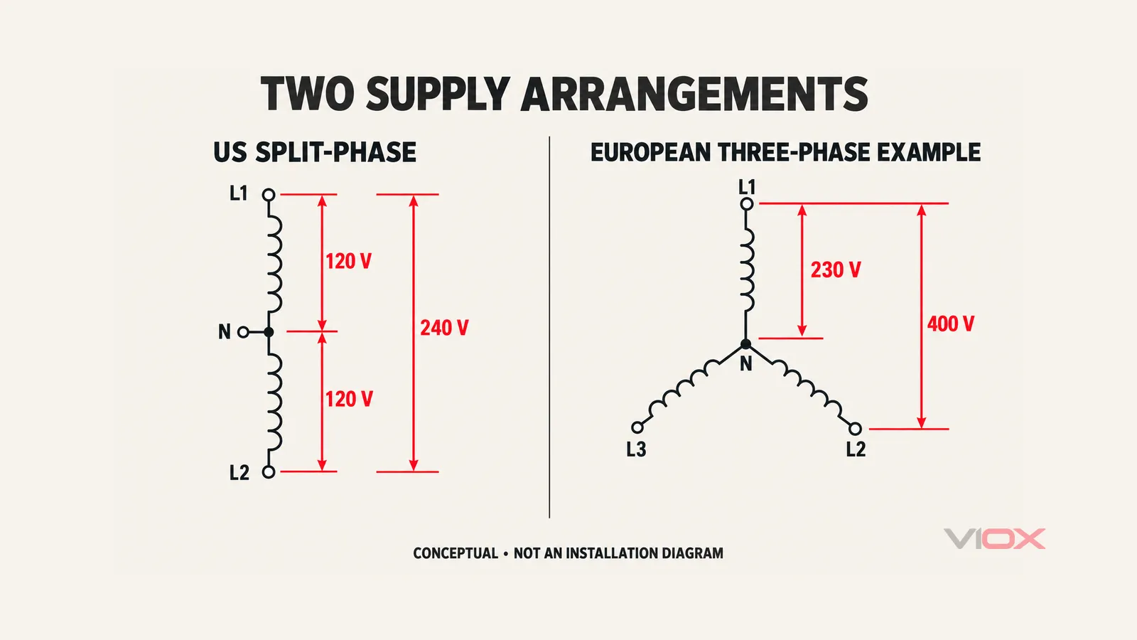 Conceptual comparison of US 120/240 V split-phase and European 230/400 V three-phase voltage relationships.