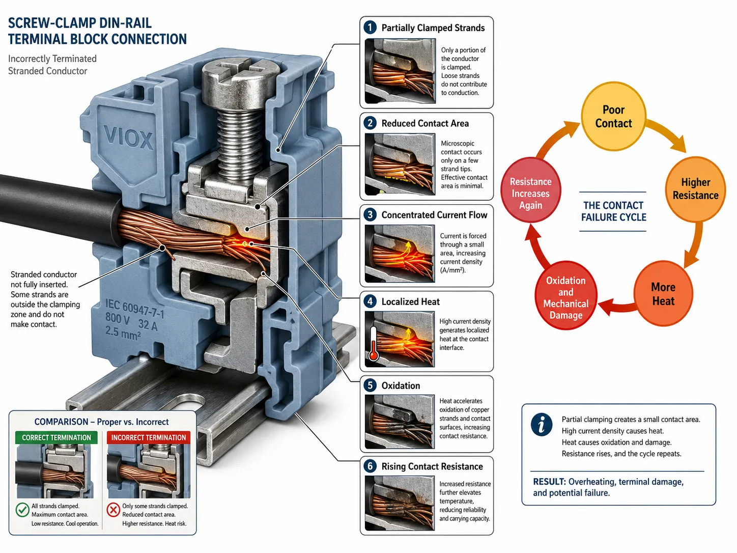 Cutaway diagram showing how a poor terminal block connection creates a high resistance overheating feedback loop