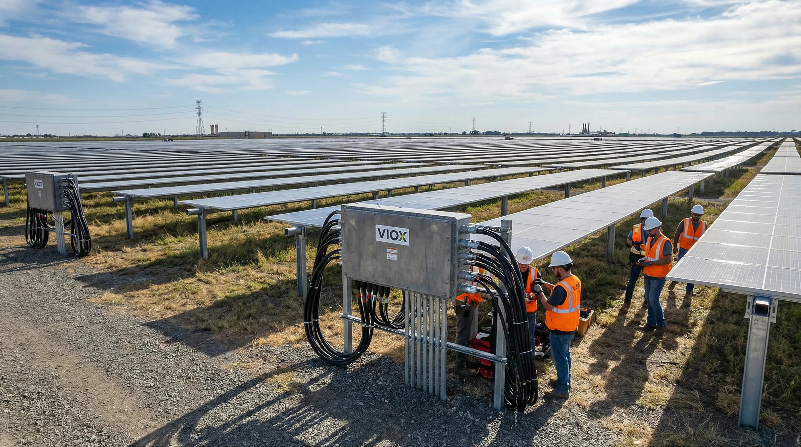 تركيب مزرعة شمسية واسعة النطاق تتميز بصناديق تجميع VIOX مع إدارة احترافية للكابلات وتوحيد سلاسل الخلايا الكهروضوئية في التطبيقات التجارية