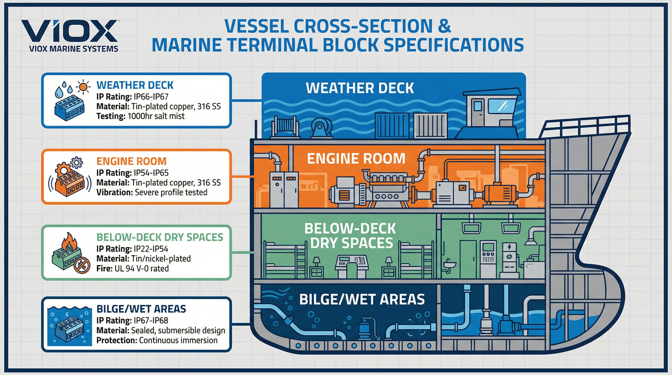 Vessel zones diagram showing terminal block specifications by marine area