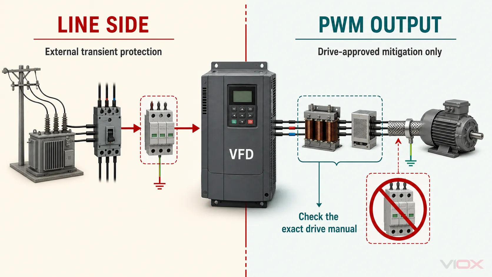 VFD line-side surge protection compared with drive-approved PWM output mitigation