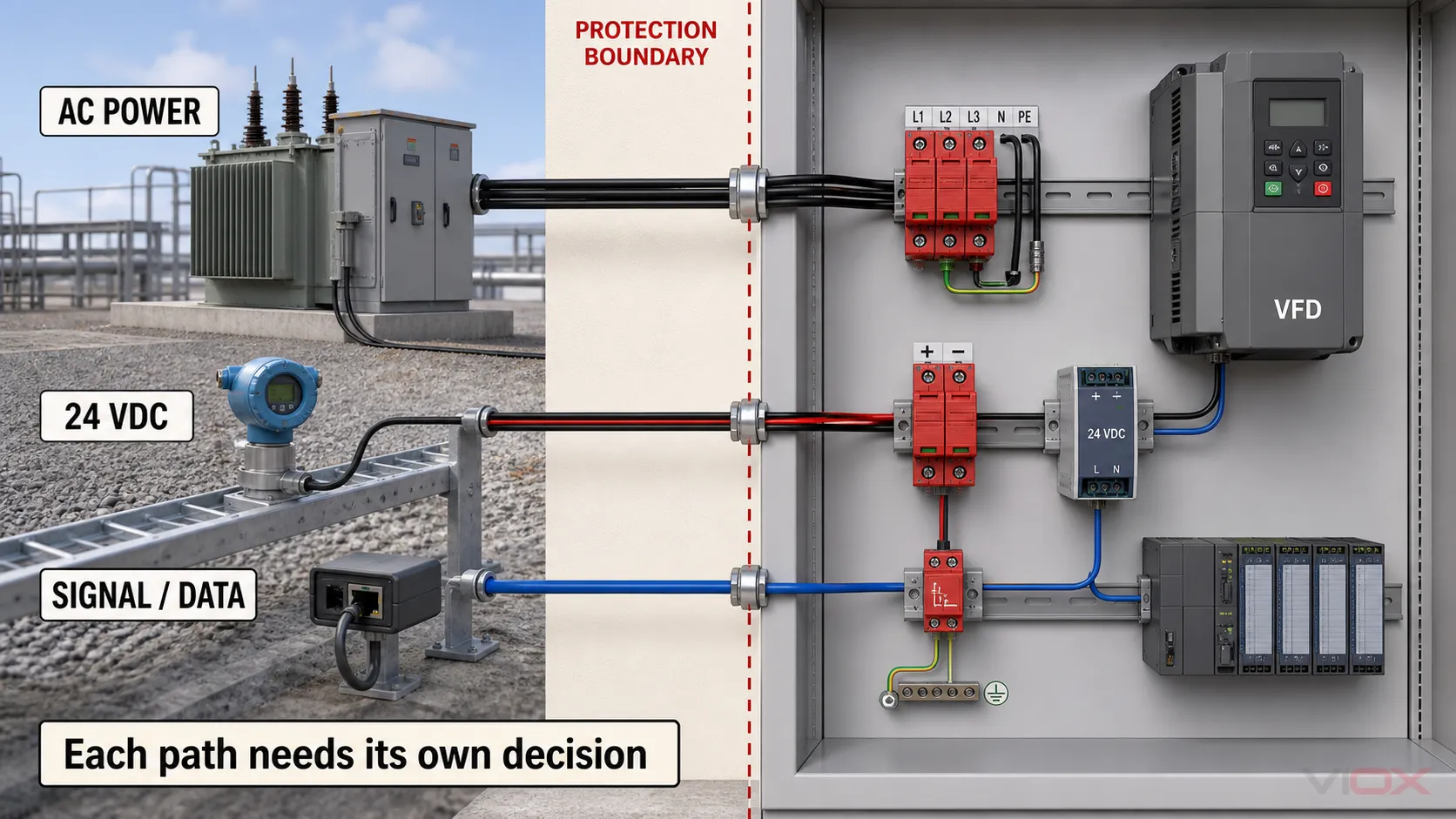 Separate AC power, 24 VDC and signal or data entry paths at a VFD cabinet protection boundary