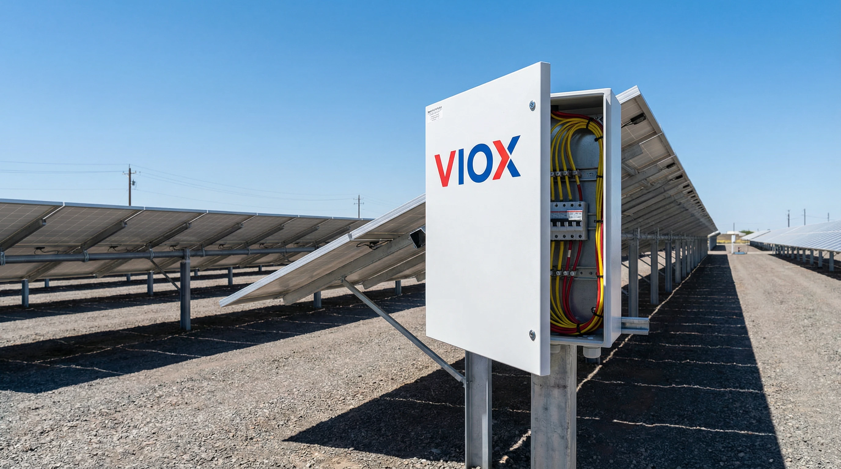 صندوق تجميع الطاقة الشمسية VIOX 1000V المثبت في مزرعة شمسية تجارية مع ألواح كهروضوئية تظهر حاوية احترافية مانعة لتسرب الماء وإدارة الكابلات