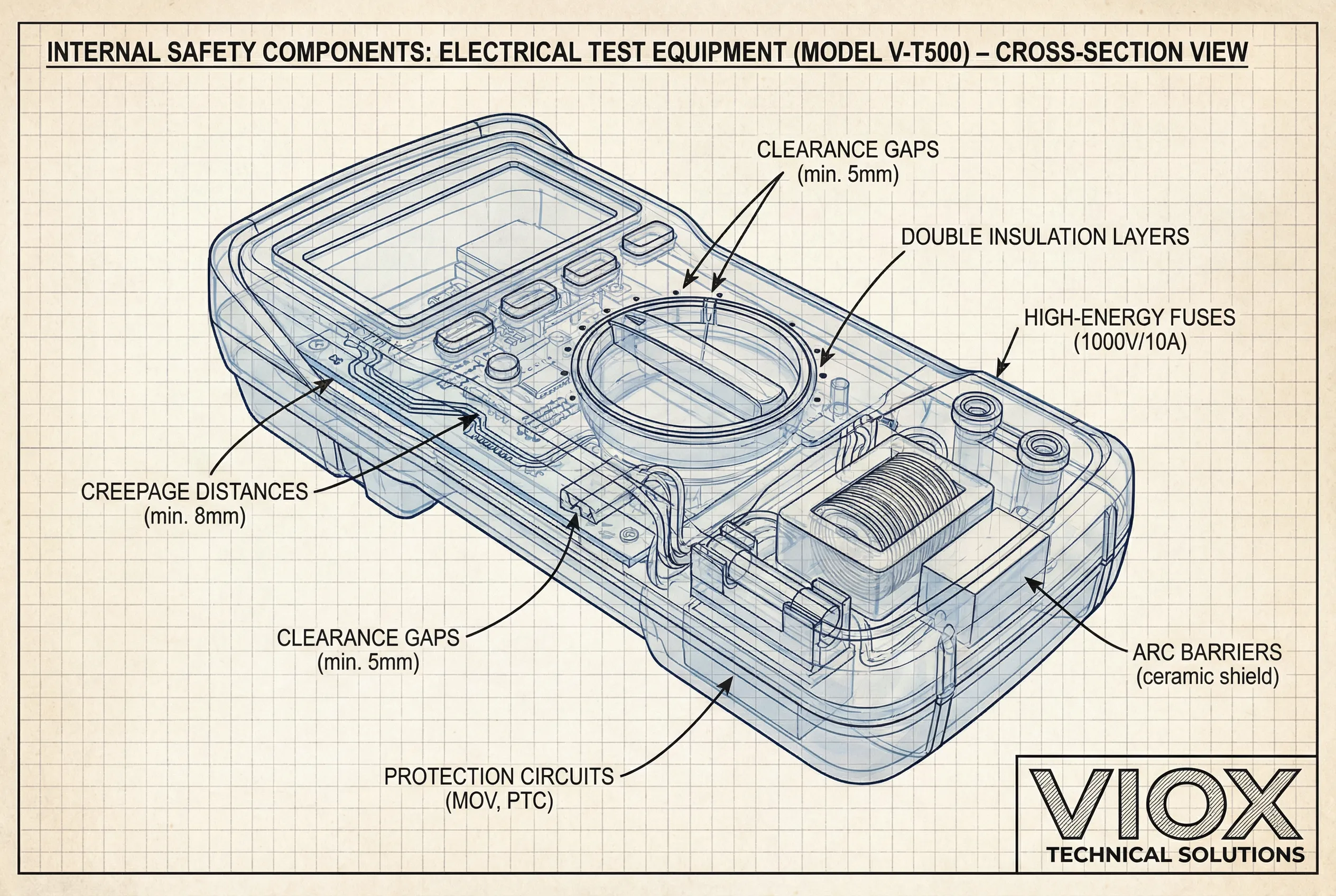 Technický řez VIOX CAT s vyznačením kategorií - Anotované schéma zobrazující vnitřní bezpečnostní komponenty včetně povrchových cest, izolačních vrstev a bariér proti oblouku.