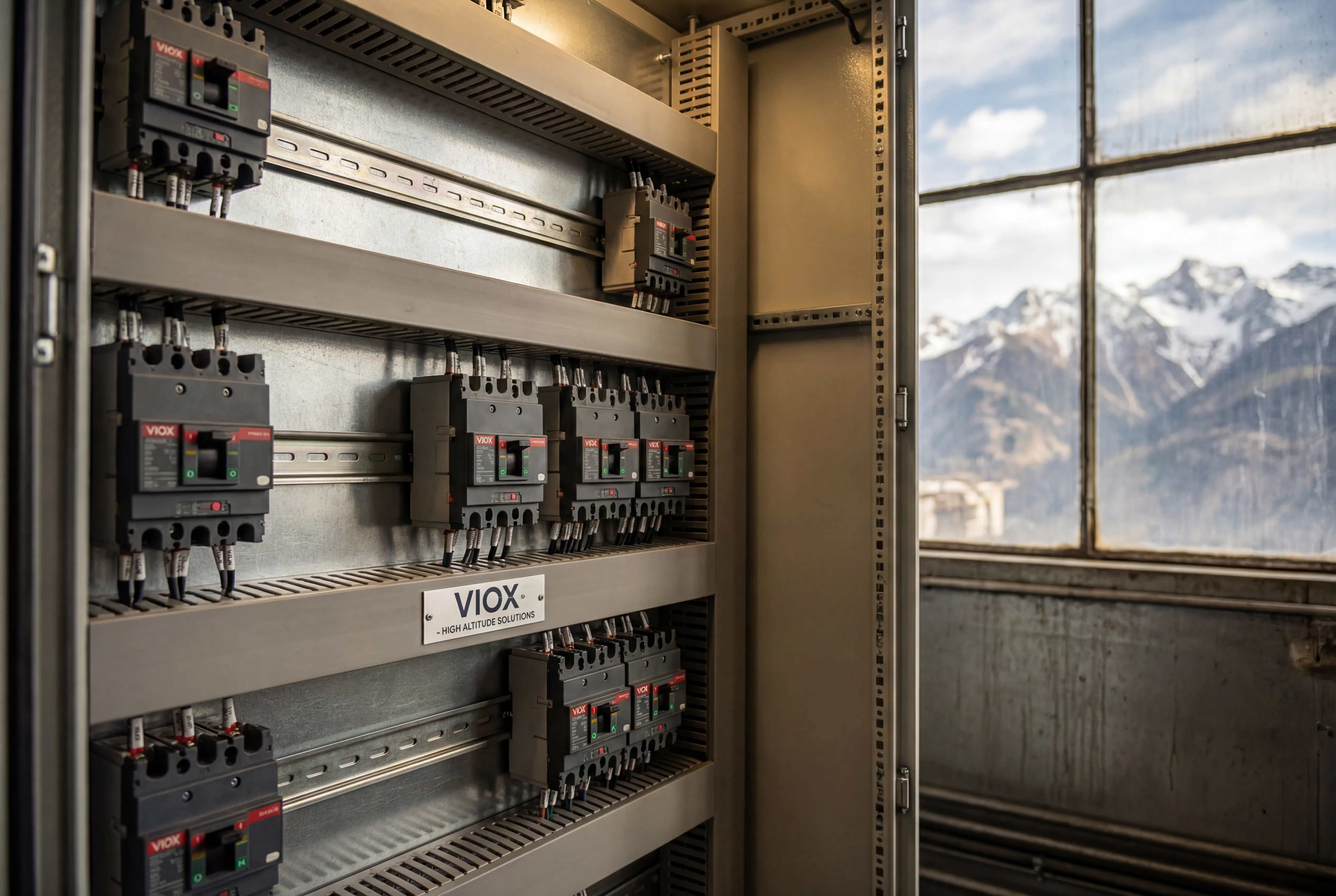 VIOX circuit breakers ຕິດຕັ້ງຢູ່ໃນແຜງໄຟຟ້າອຸດສາຫະກໍາລະດັບຄວາມສູງສູງສະແດງໃຫ້ເຫັນໂຄງສ້າງທີ່ທົນທານສໍາລັບສະພາບແວດລ້ອມພູເຂົາ