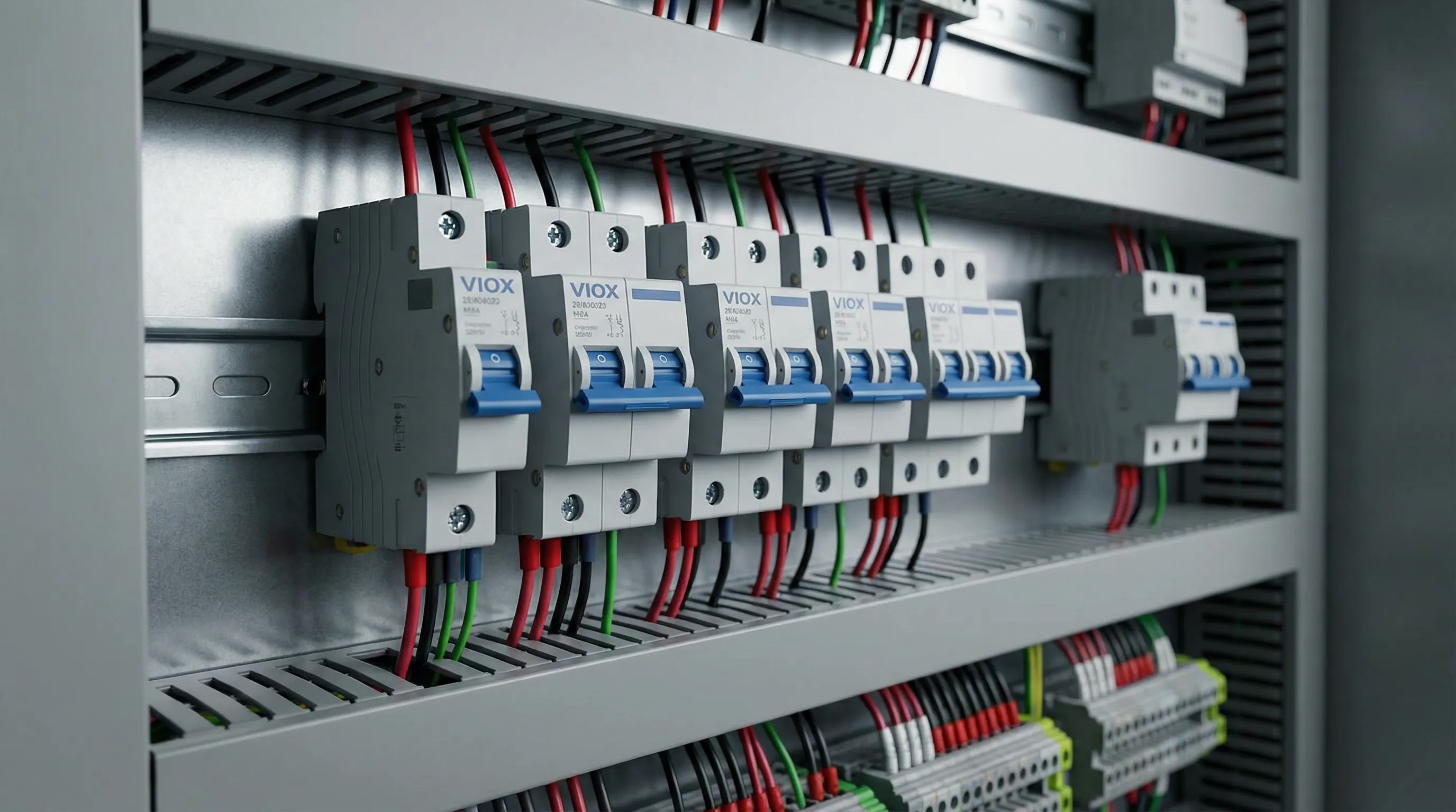 Interruttori automatici VIOX montati su guida DIN in un pannello di controllo industriale con cablaggio organizzato e installazione professionale