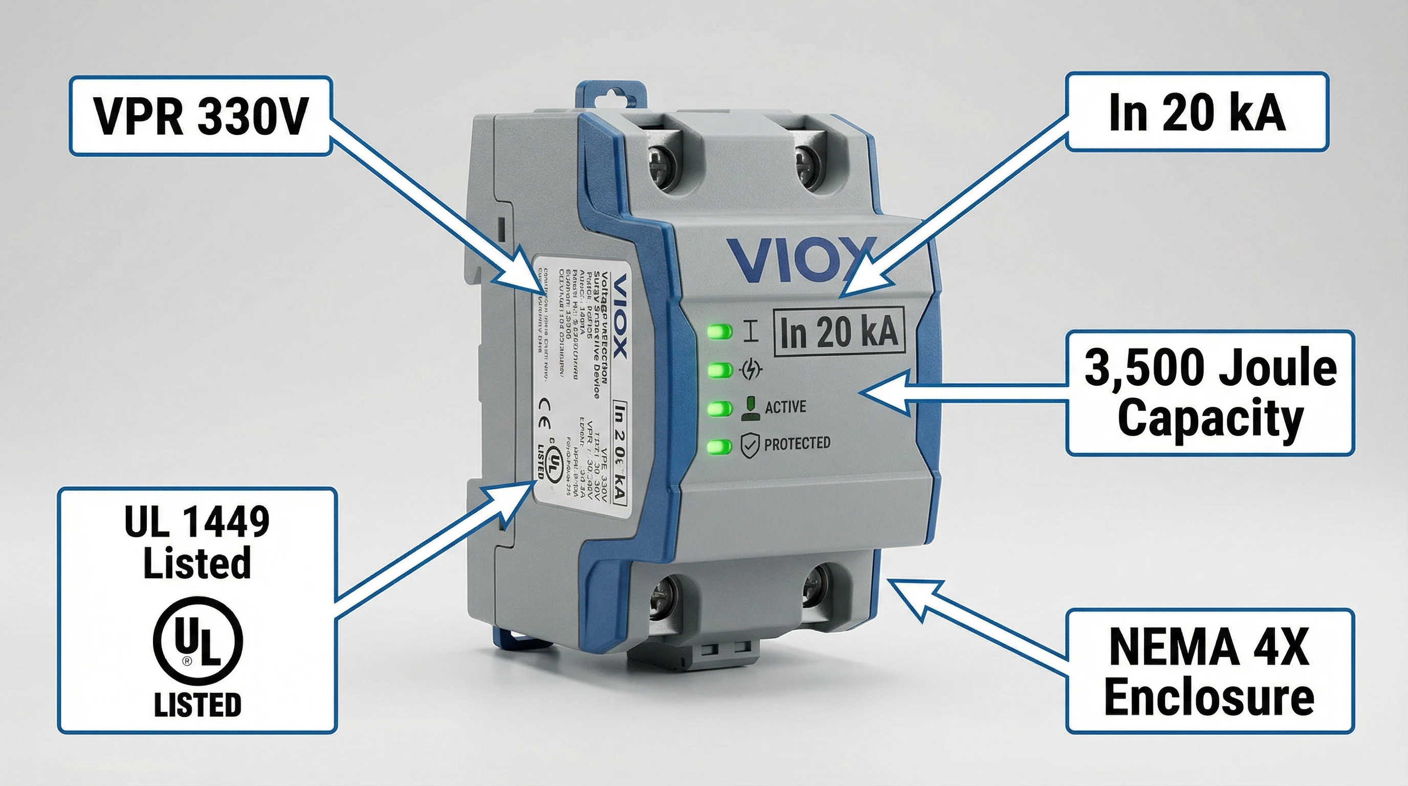 VIOX کمرشل گریڈ پینل ماؤنٹ سرج پروٹیکٹر جس میں اسپیسیفیکیشنز VPR 330V In 20kA 3500 جول UL 1449 لسٹڈ NEMA 4X انکلوژر ہے۔