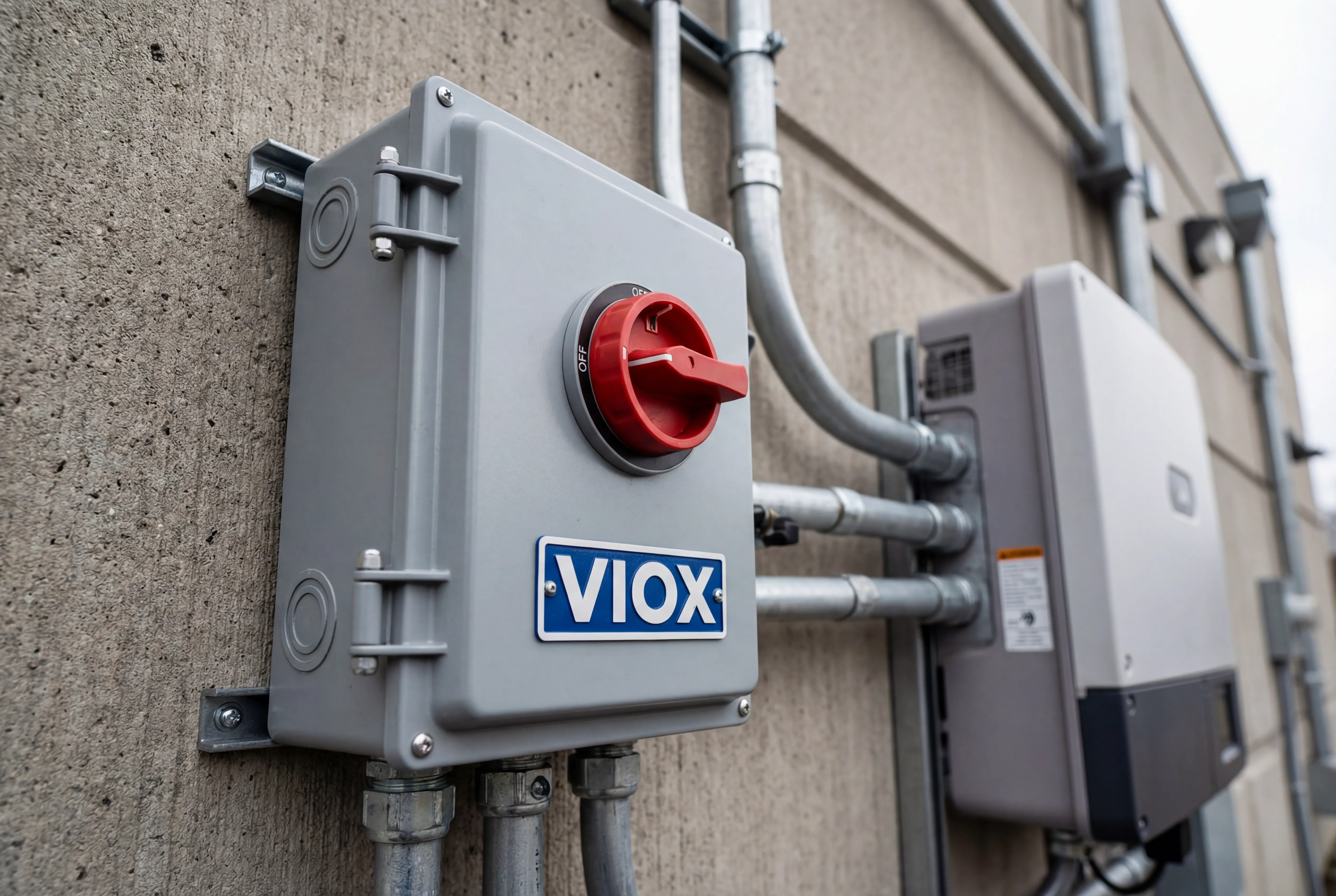 Interruttore di sezionamento CC VIOX montato all'esterno vicino all'inverter solare in un'installazione fotovoltaica commerciale