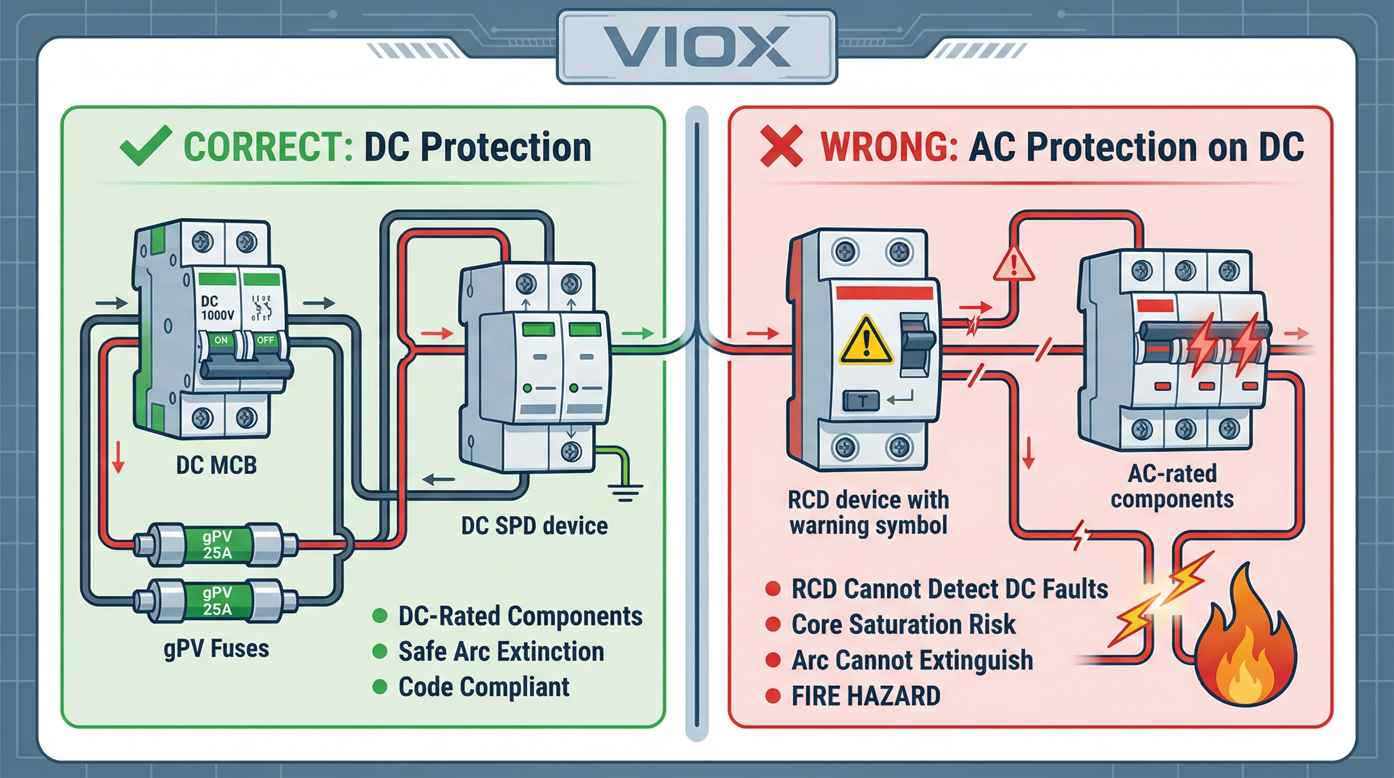 គំនូសតាងប្រៀបធៀបការការពារ VIOX DC ទល់នឹង AC RCD ដែលបង្ហាញពីការកំណត់រចនាសម្ព័ន្ធ SPD ហ្វុយស៊ីប MCB ដែលមានអត្រា DC ត្រឹមត្រូវ ធៀបនឹងការដំឡើង RCD AC ដ៏គ្រោះថ្នាក់នៅលើប្រព័ន្ធប្រអប់បញ្ចូលគ្នា photovoltaic
