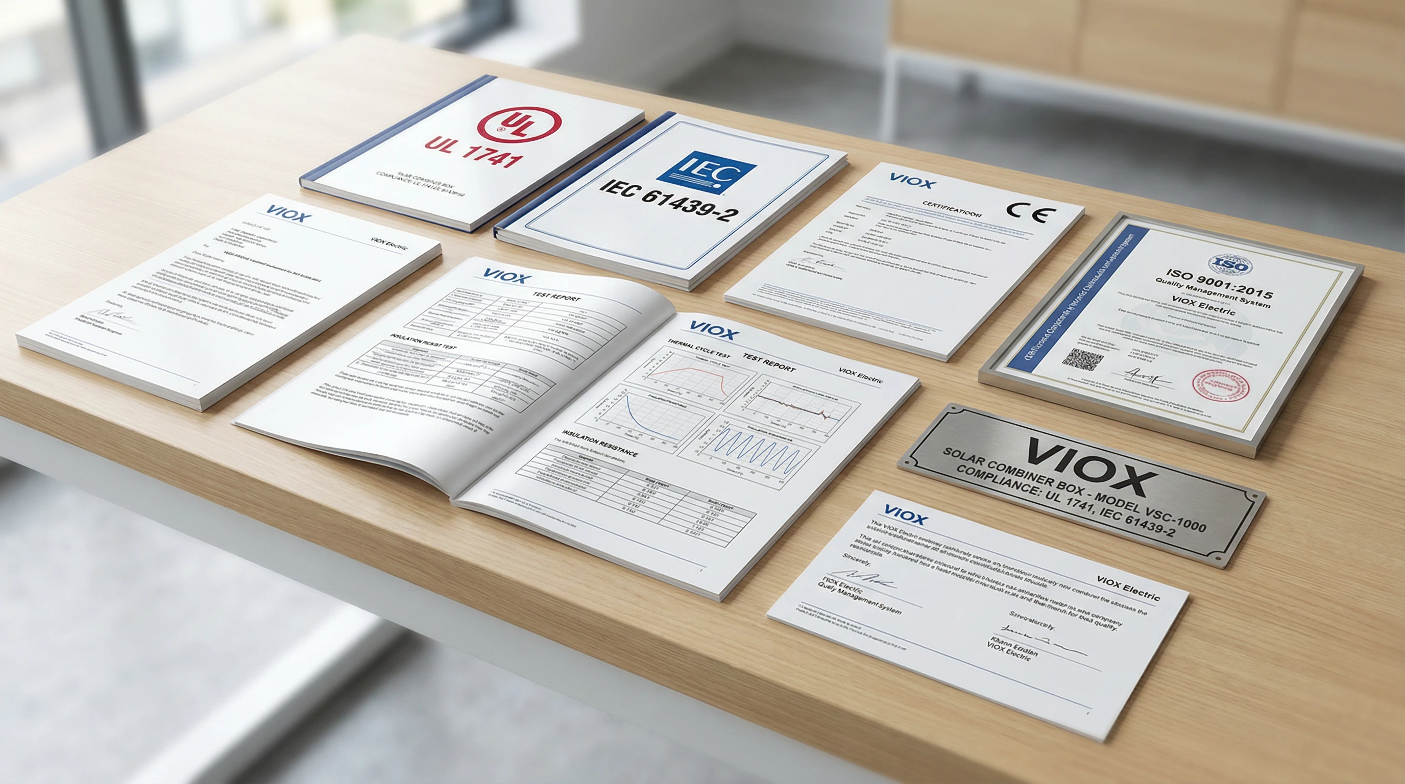Pensijilan kotak penyambung solar elektrik VIOX termasuk UL 1741, IEC 61439-2, penandaan CE dan laporan ujian pematuhan ISO 9001.