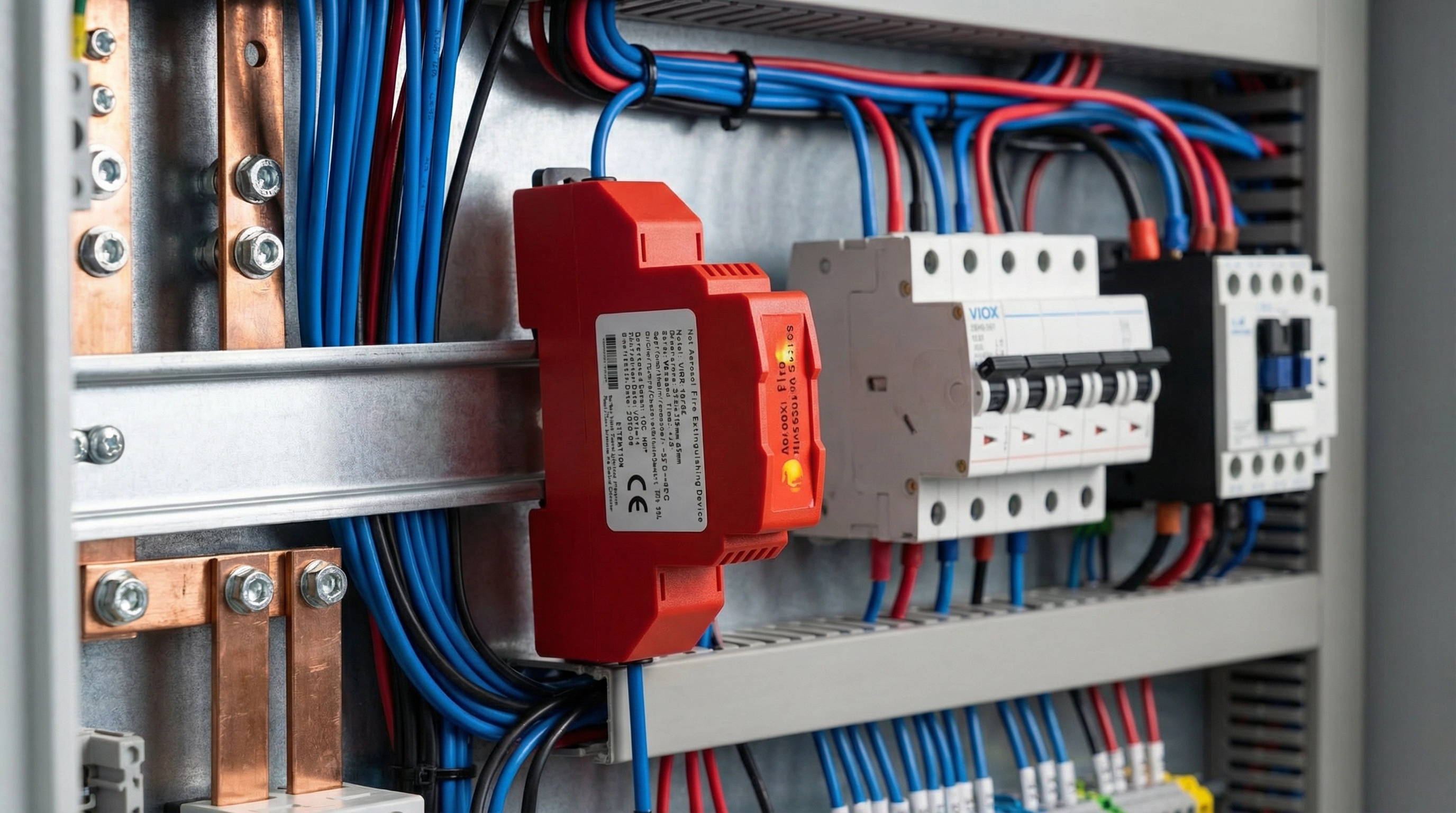 Dispositivo di estinzione incendi ad aerosol caldo VIOX installato su guida DIN all'interno di un armadio di distribuzione elettrica, che mostra l'alloggiamento modulare rosso compatto con fili di rilevamento termico montati accanto a interruttori automatici e componenti elettrici in un ambiente industriale professionale