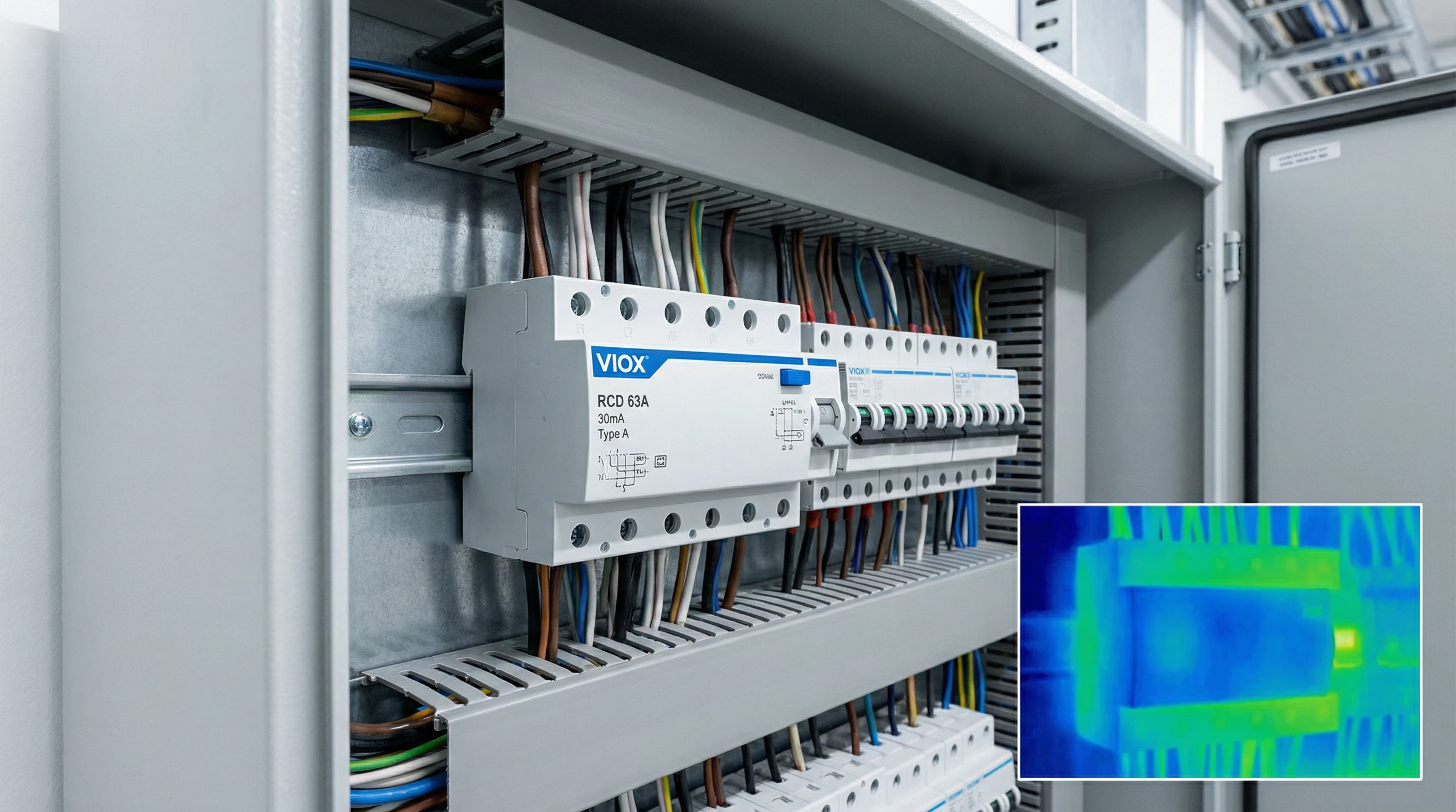 Промышленная фотография VIOX профессиональной установки УЗО типа A в металлической распределительной панели, показывающая устройство защитного отключения с остаточным током 30 мА, установленное на DIN-рейке с надлежащей прокладкой кабелей и наложением тепловизионного изображения.