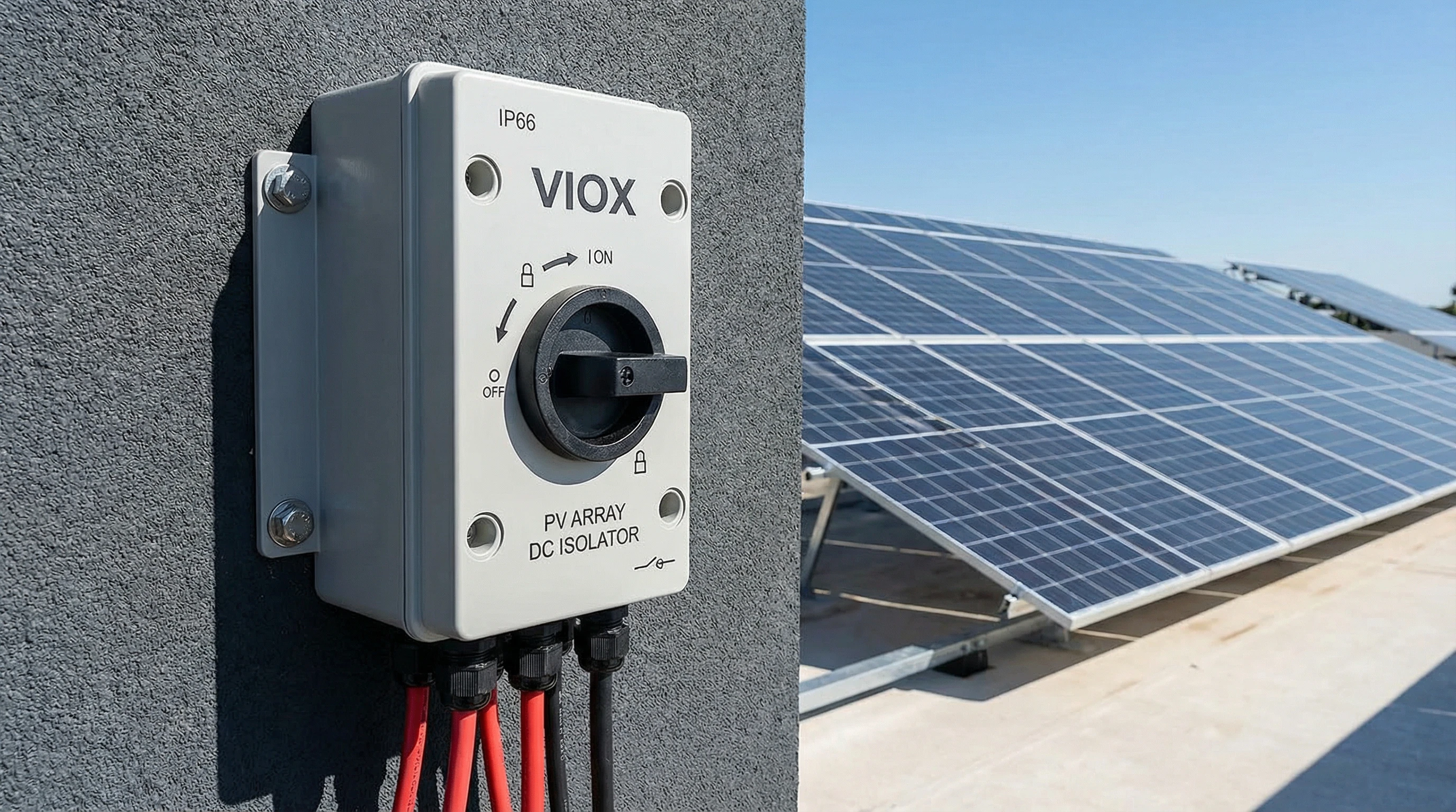 VIOX IP66 DC Isolator Installation - Professional rooftop solar PV installation showing weatherproof VIOX isolator with proper cable gland entries and mounting