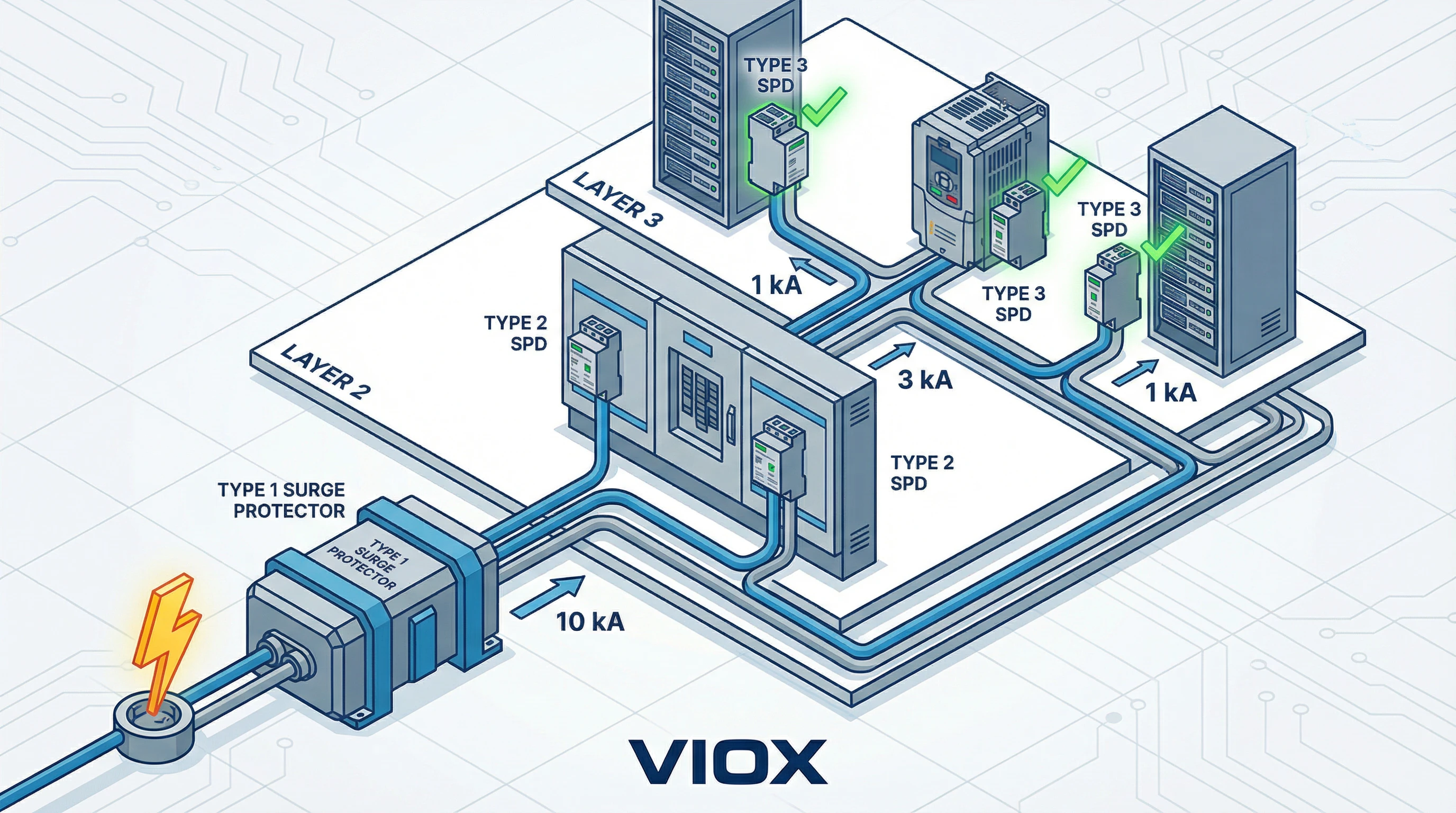 VIOX لیئرڈ سرج پروٹیکشن اسٹریٹیجی یوٹیلیٹی سے آلات تک تین درجے کا نظام دکھا رہی ہے جس میں قسم 1 قسم 2 قسم 3 سرج پروٹیکٹرز ہیں۔