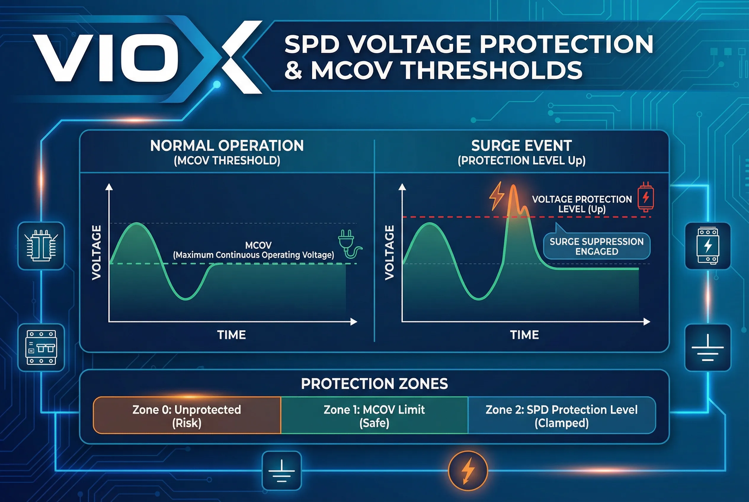 Διάγραμμα επιπέδων προστασίας VIOX MCOV που απεικονίζει τις ζώνες προστασίας