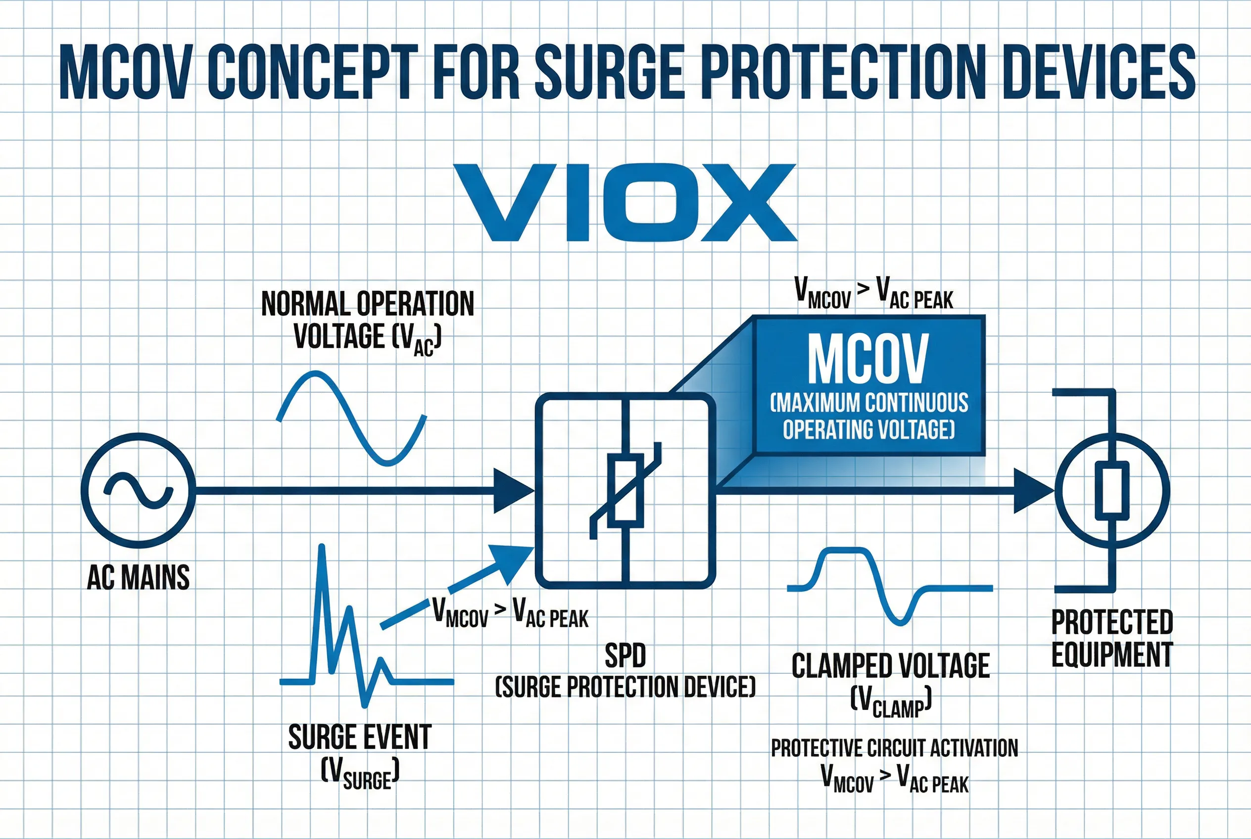 Τεχνικό διάγραμμα VIOX MCOV SPD που δείχνει την κανονική λειτουργία έναντι του συμβάντος υπερτάσεων