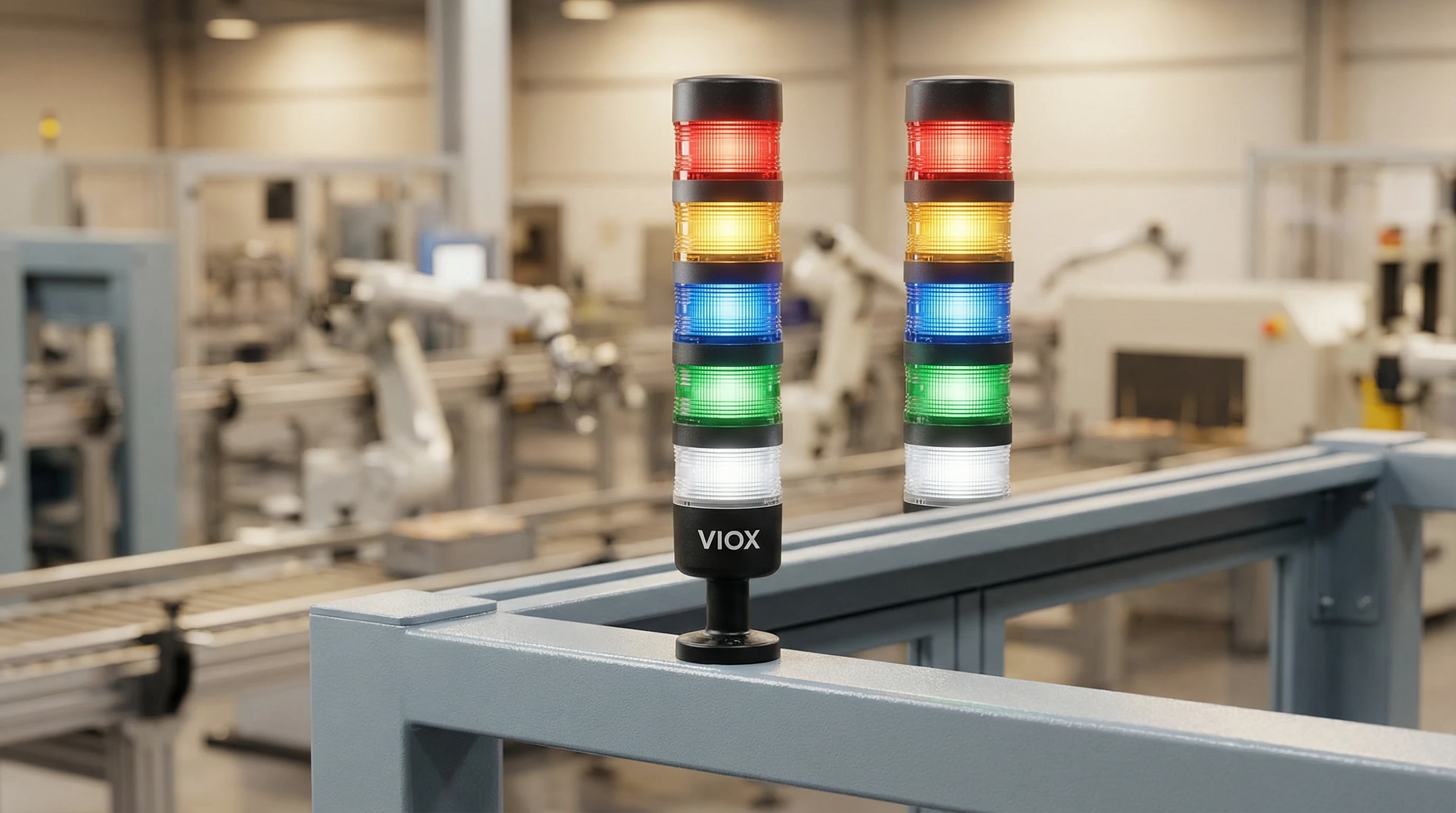 Đèn tháp mô-đun VIOX được gắn trên khung máy công nghiệp